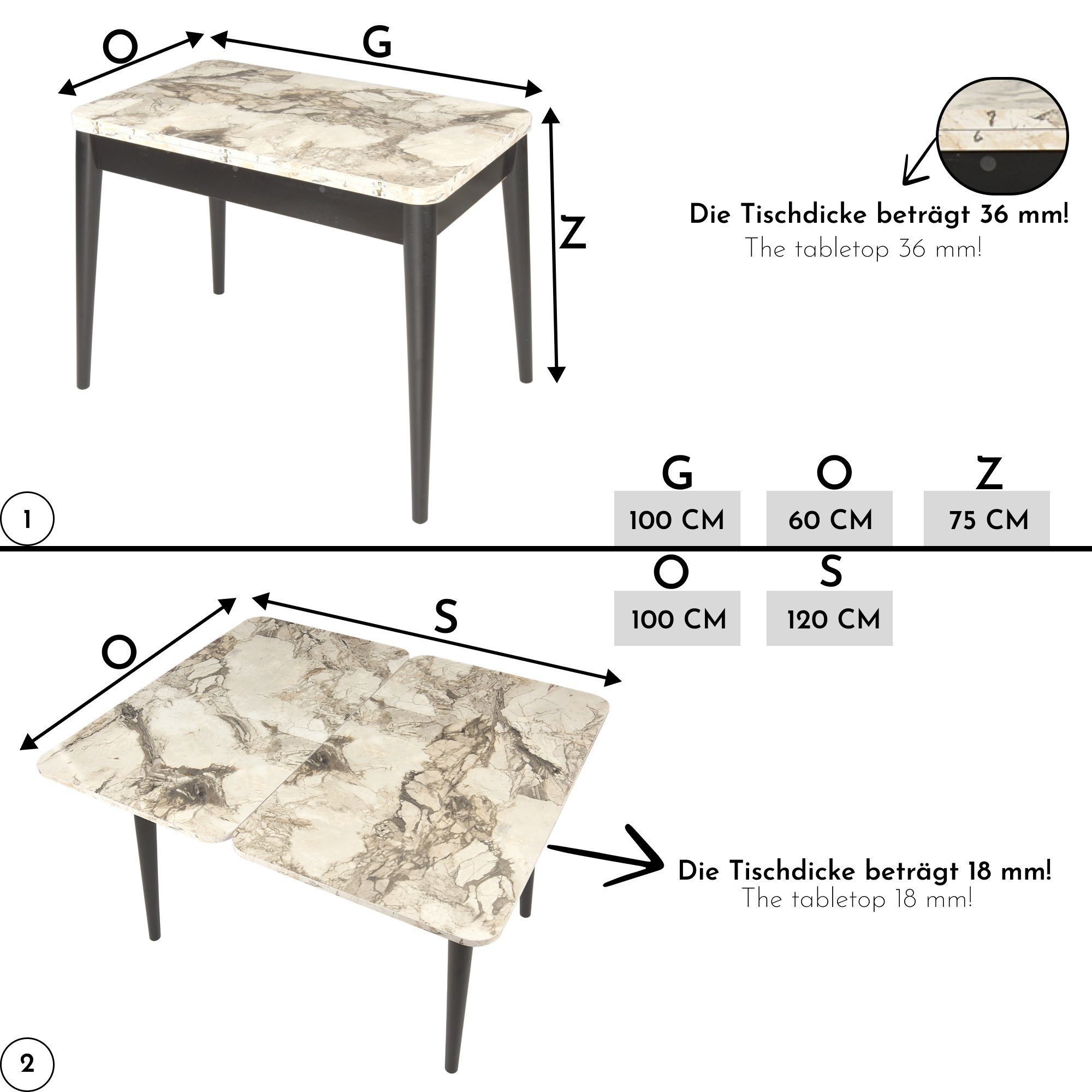 Gozos Küchentisch Gozos Vera & Viso Ausziehtisch Marmor&Holz Optik Küchentisch aus MDF (60 x 100 cm, &, 120 x 100 cm, 1 Tisch)
