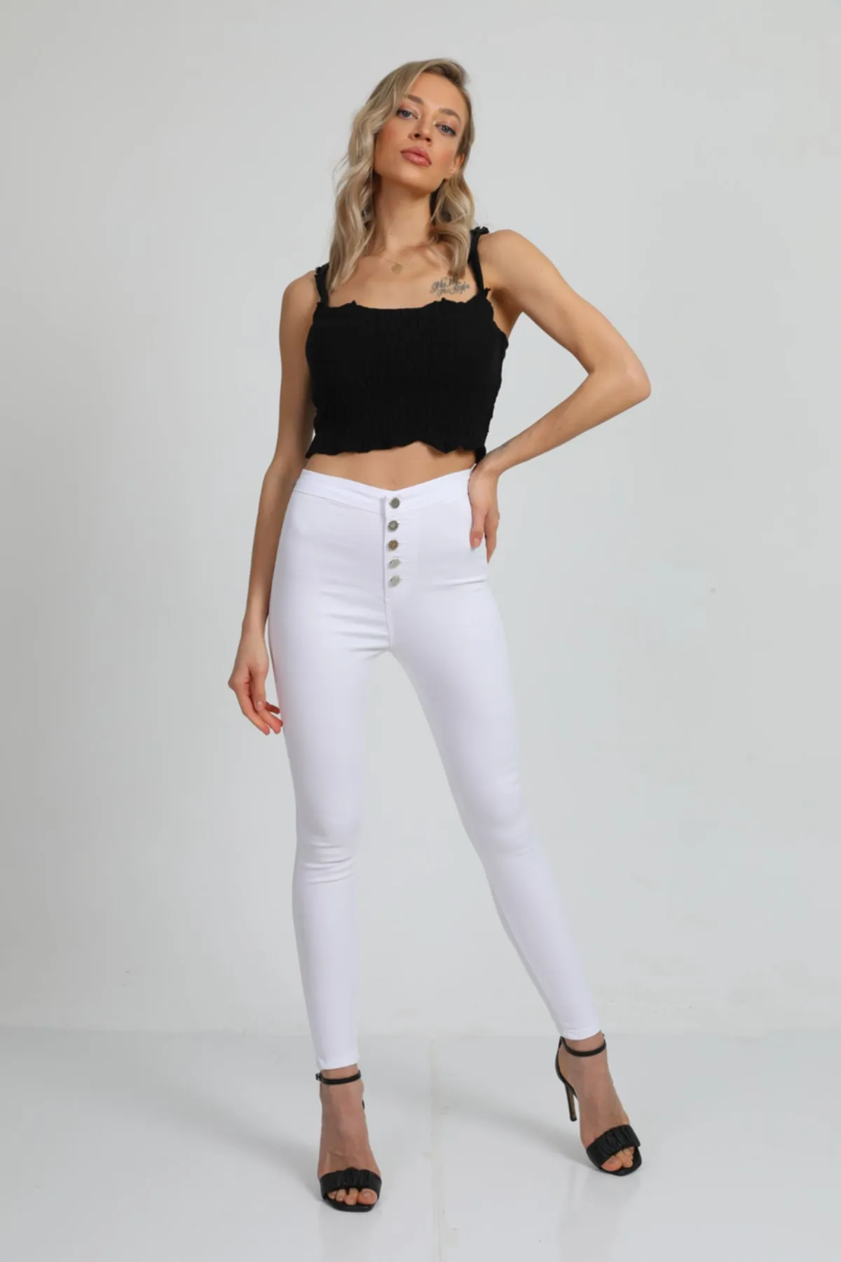 BİKELİFE  Weiße Damen-Leggings mit hoher Taille und schmalem Bein und Knöpfen
