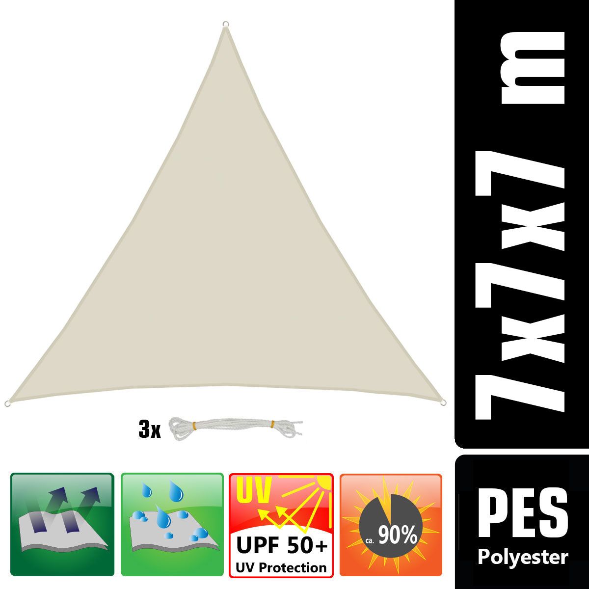 AMANKA 7x7x7 Wasserdichtes Beige Sonnensegel mit Befestigung