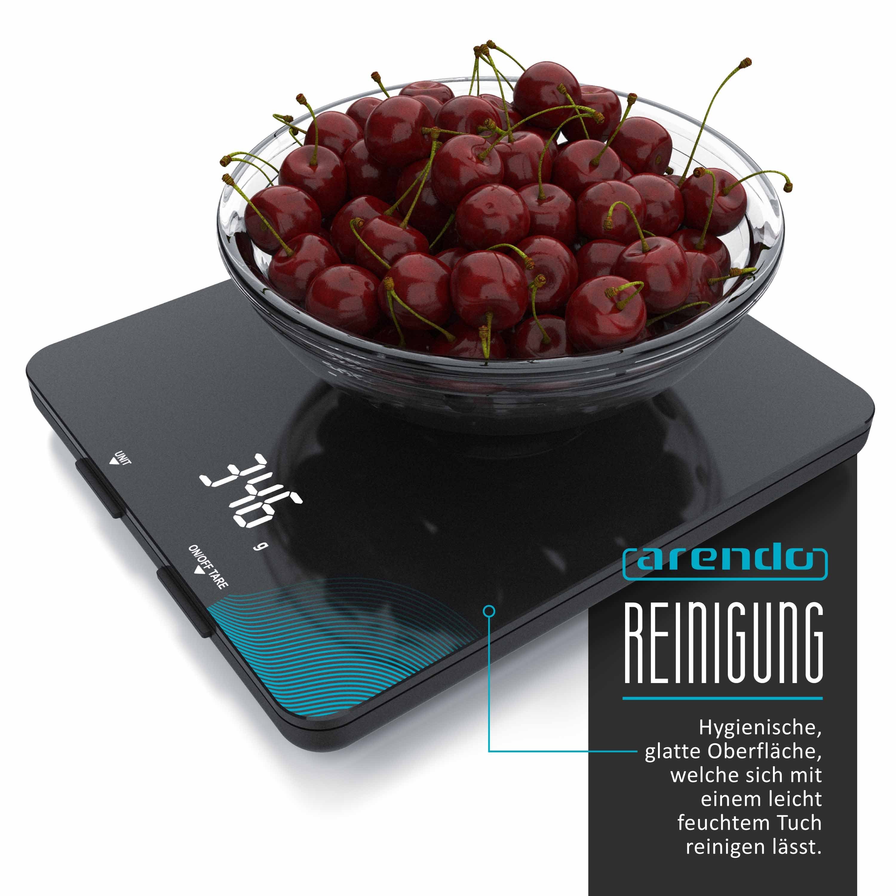 Arendo Küchenwaage, (1-tlg), schwarze Hochglanz Glasoberfläche, 19 x 16,5cm, LED Display, 4mm Glas