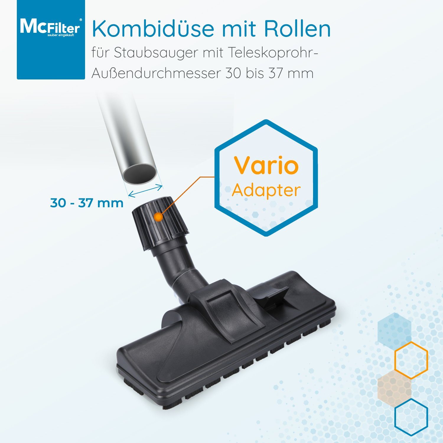 McFilter Kombidüse Universal passend für Miele Siemens Bosch Philips AEG usw., (1-tlg), Vario Verschluss (30-37 mm), Umschaltbar, 2 Rollen an Unterseite
