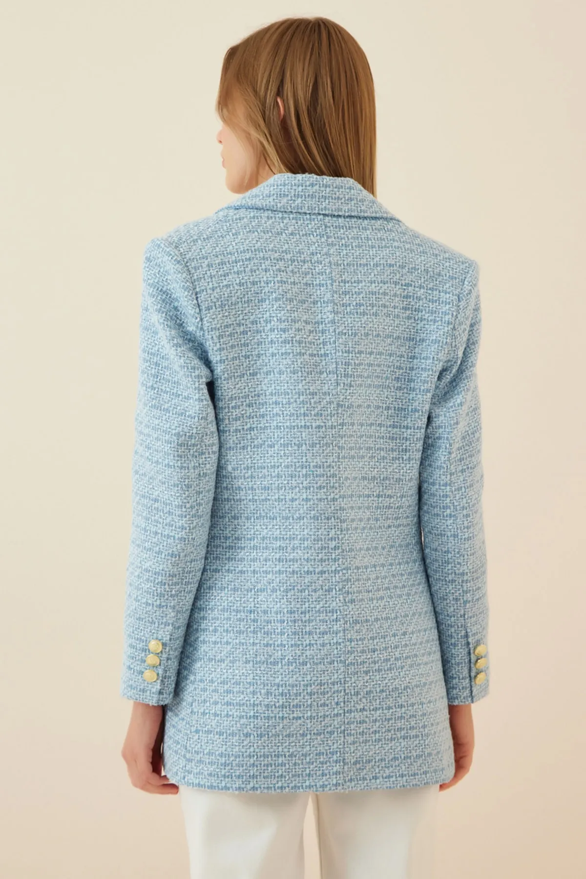 Happiness İstanbul  Himmelblaue Tweed-Blazerjacke mit Knöpfen für Damen WF00004