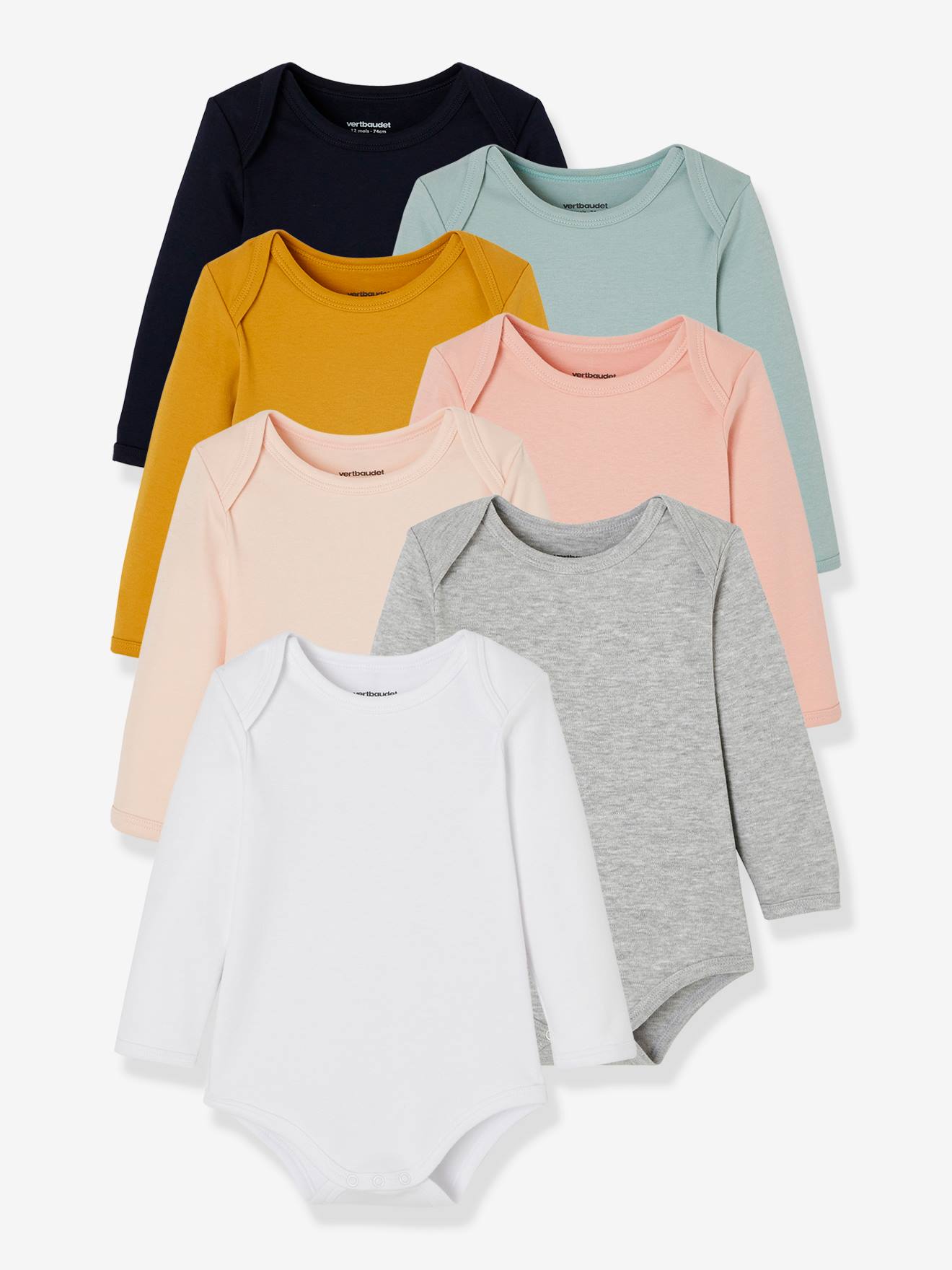 Lot de 7 bodies manches longues ouverture US bébé BASICS lot vert grisé