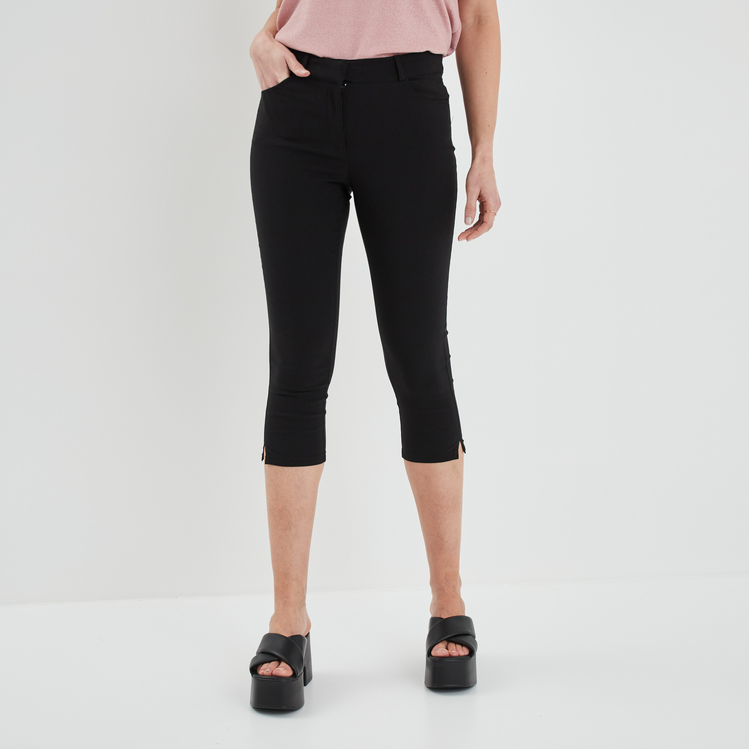 Pantacourt ajusté taille haute noir femme | La Halle
