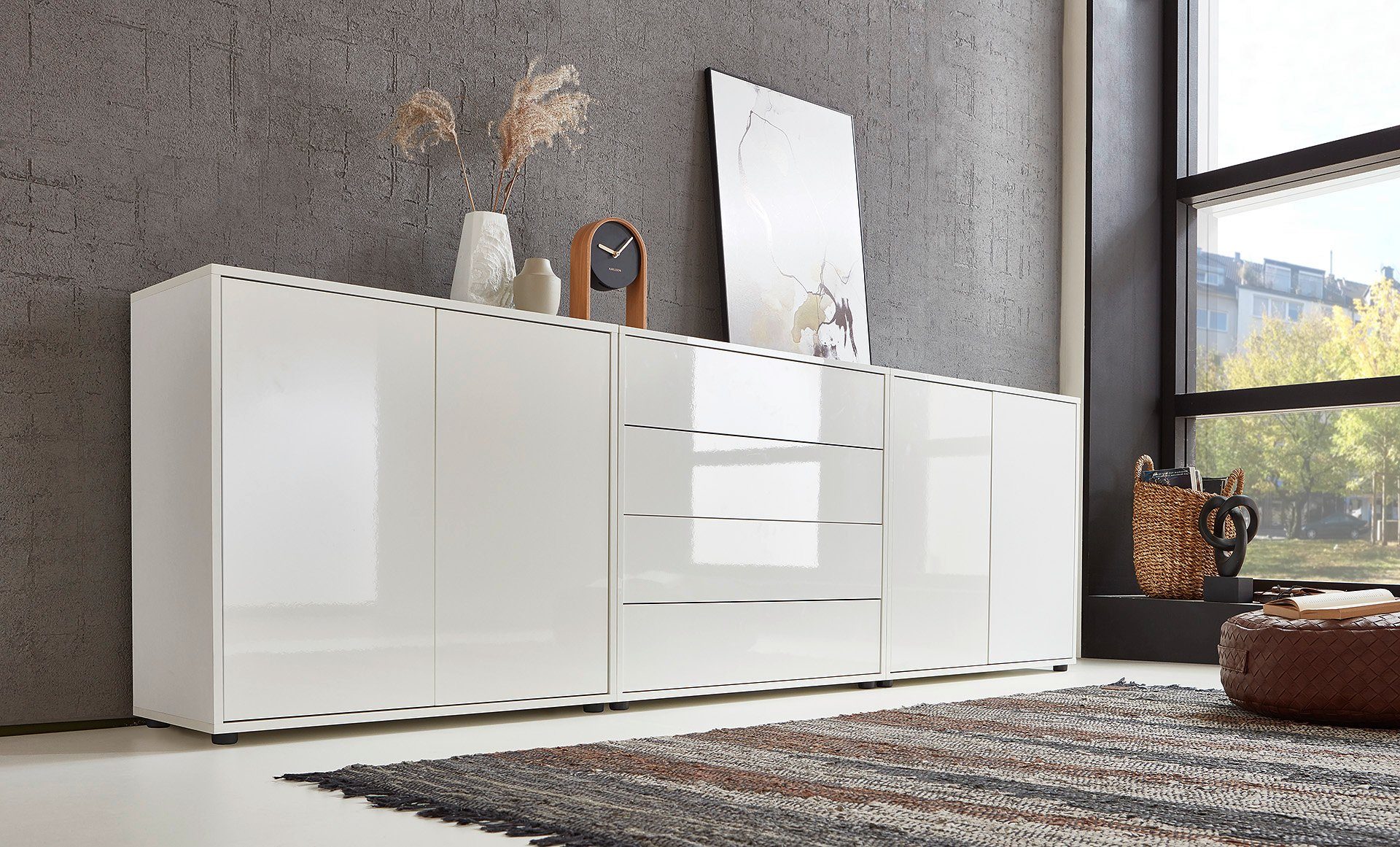 BMG Möbel Sideboard Mailand Set 5 (Kommode Anrichte Aktenschrank), mit weiß lackierten Hochglanzfronten