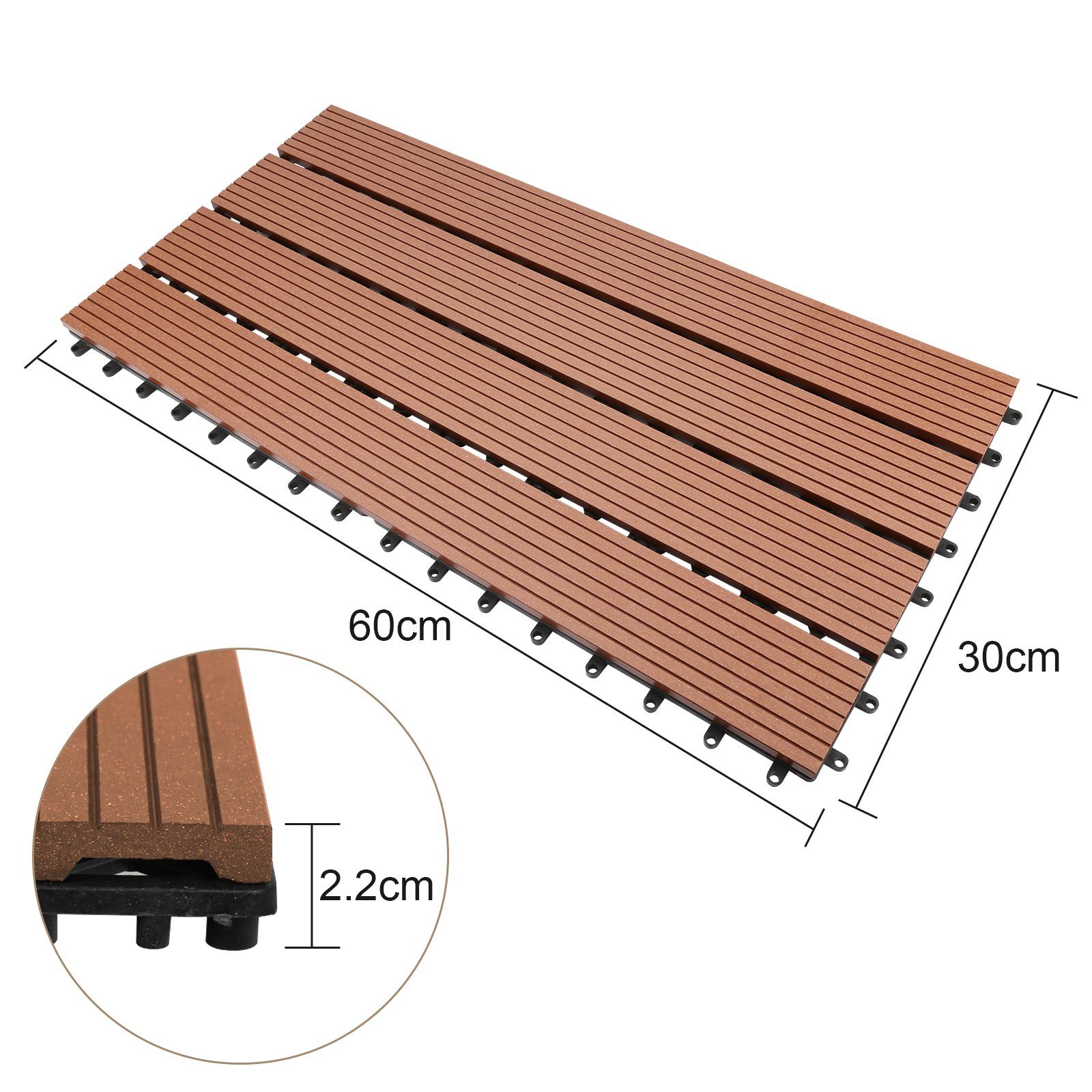Gimisgu Holzfliesen WPC Fliesen 12 Stück 2m² 60x30 cm Terrassendielen Holzfliesen, mit klicksystem für Terrassen und Balkon