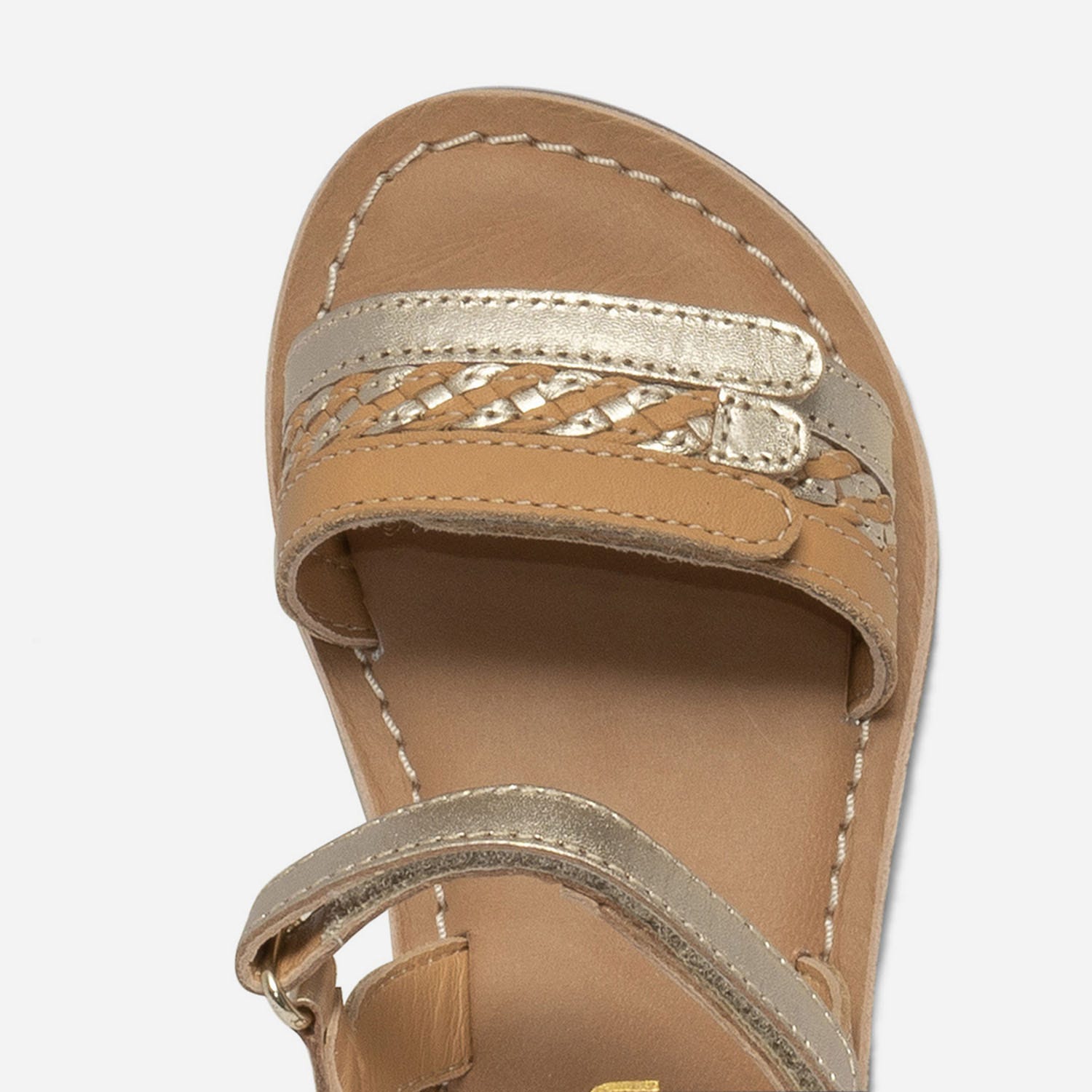 Sandale camel et doré en cuir à scratchs