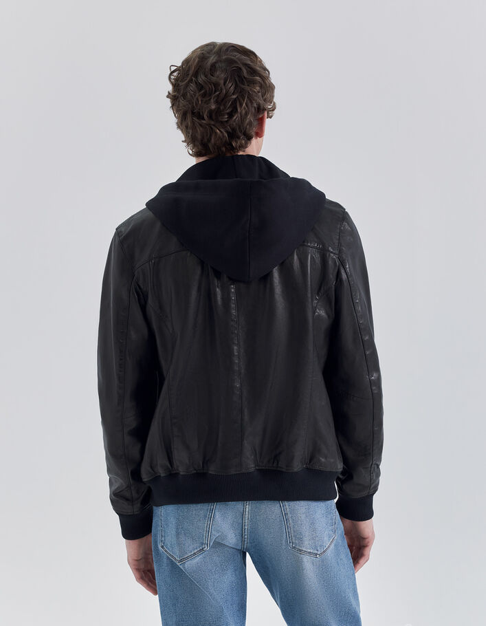 Bomber noir en cuir à parmenture amovible Homme