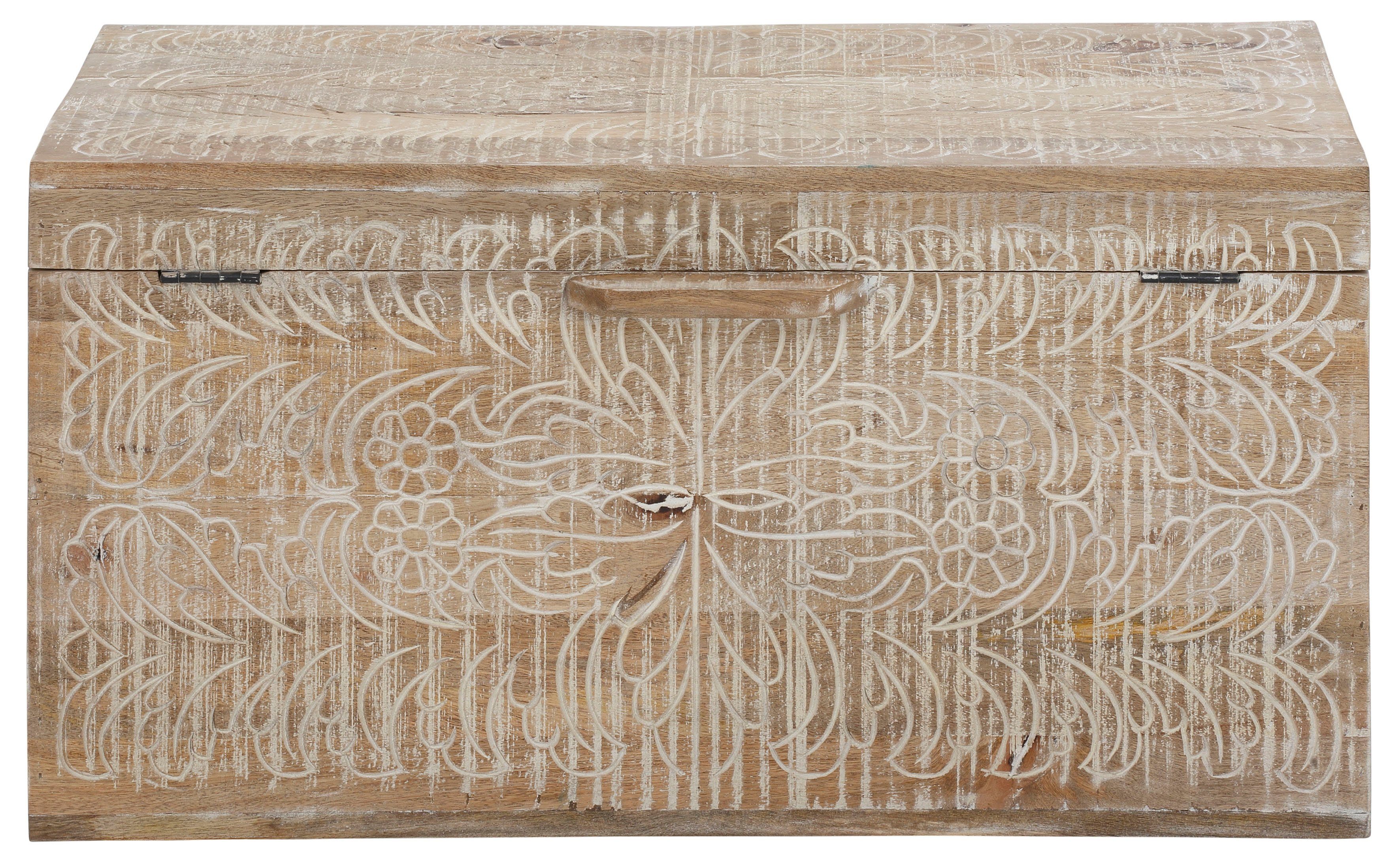 Home affaire Truhentisch Lavin, Mangoholz, mit dekorativen Schnitzereien, Handgefertigt, Breite 90 cm