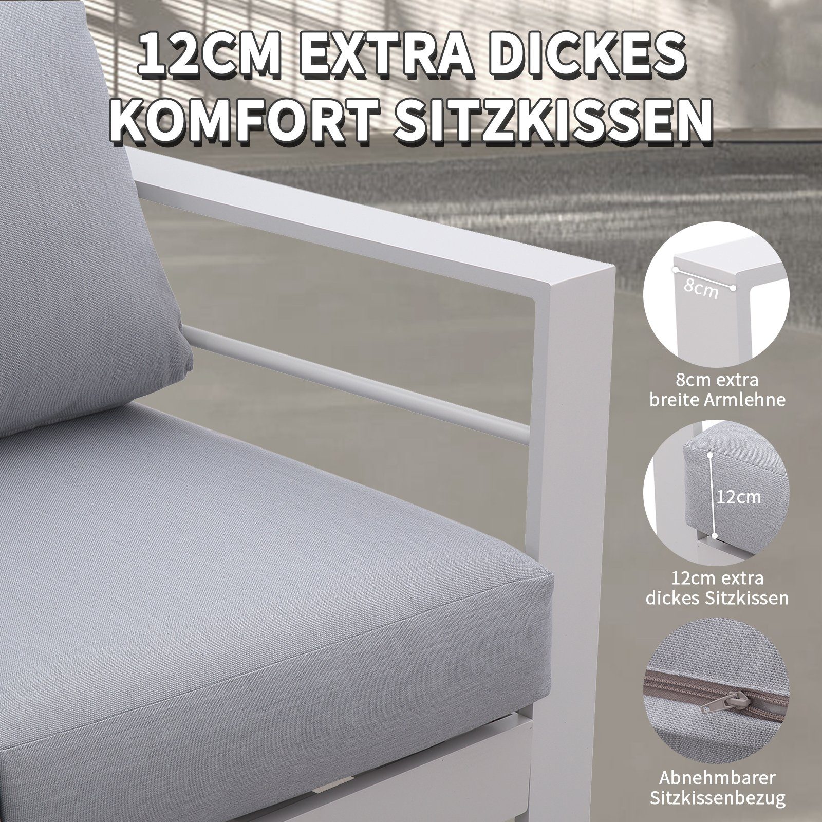 MeXo von GLP HOME Gartenlounge-Set Gartenmöbel Lounge Set 4-Teilige Aluminium Wetterfest für 4-5 Personen, (Gartenlounge Set, Balkonmöbel Set Kleiner Balkon, Essgruppe mit Kissen, 3-Sitzer-Sofa, 2 Sessel, 1 Tisch), Gartengarnitur Sitzgruppe für Terra