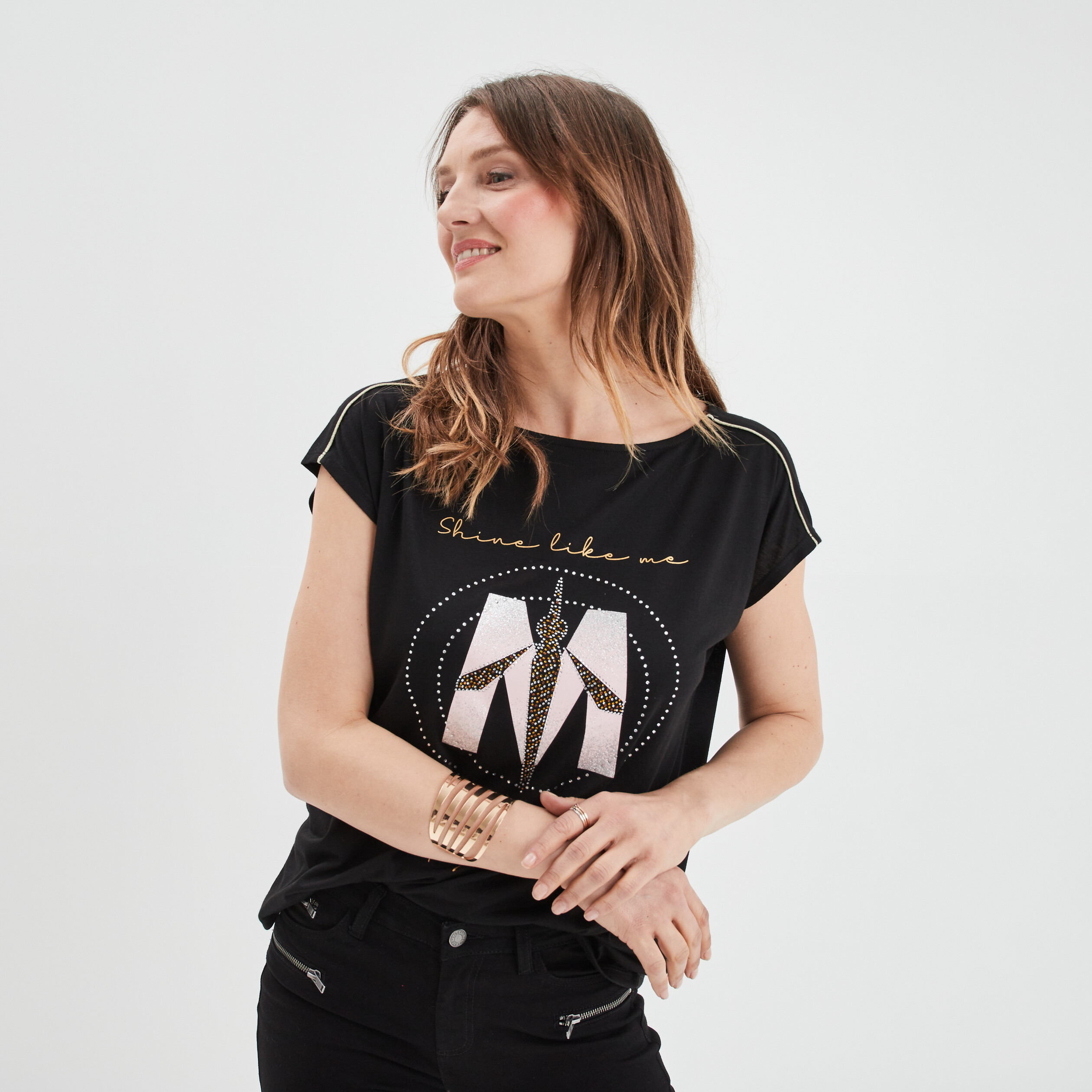 T-shirt col rond à strass Mosquitos noir femme | La Halle