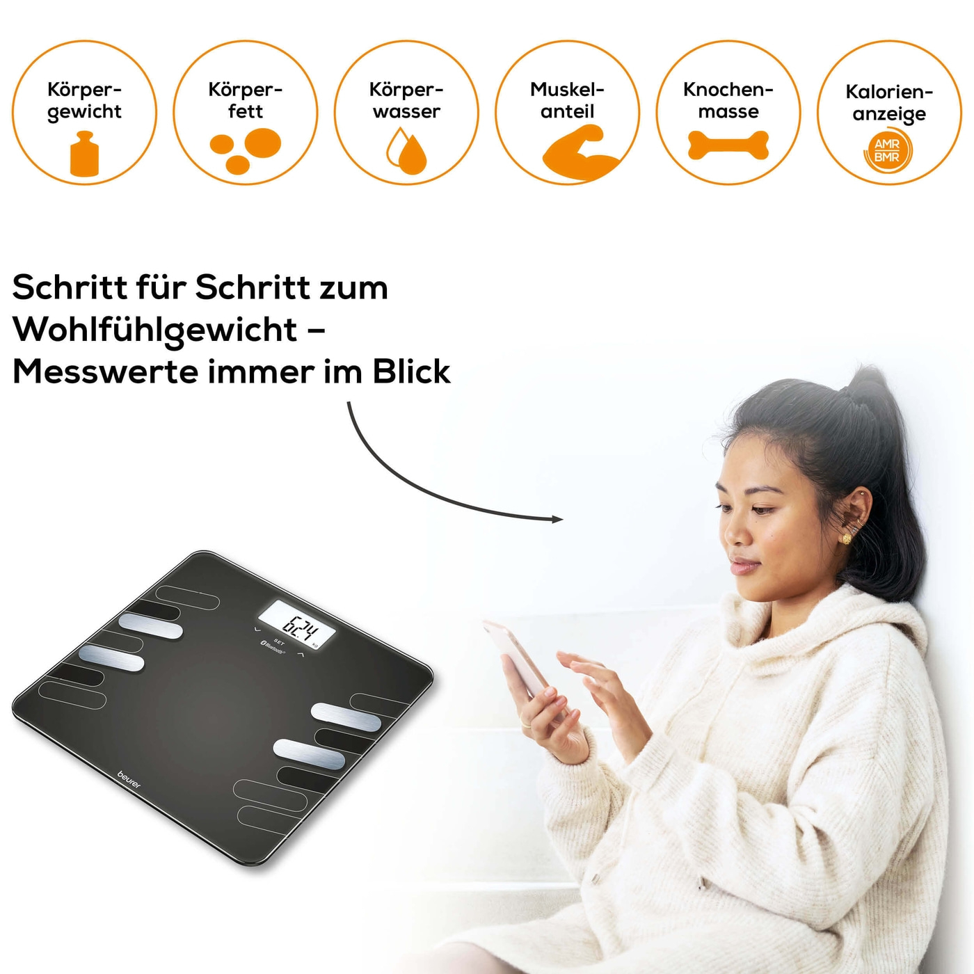 Beurer Diagnosewaage BF 600 Style-Analysewaage mit BMI Ganzkörperanalyse & App-Anbindung - bis 180 kg