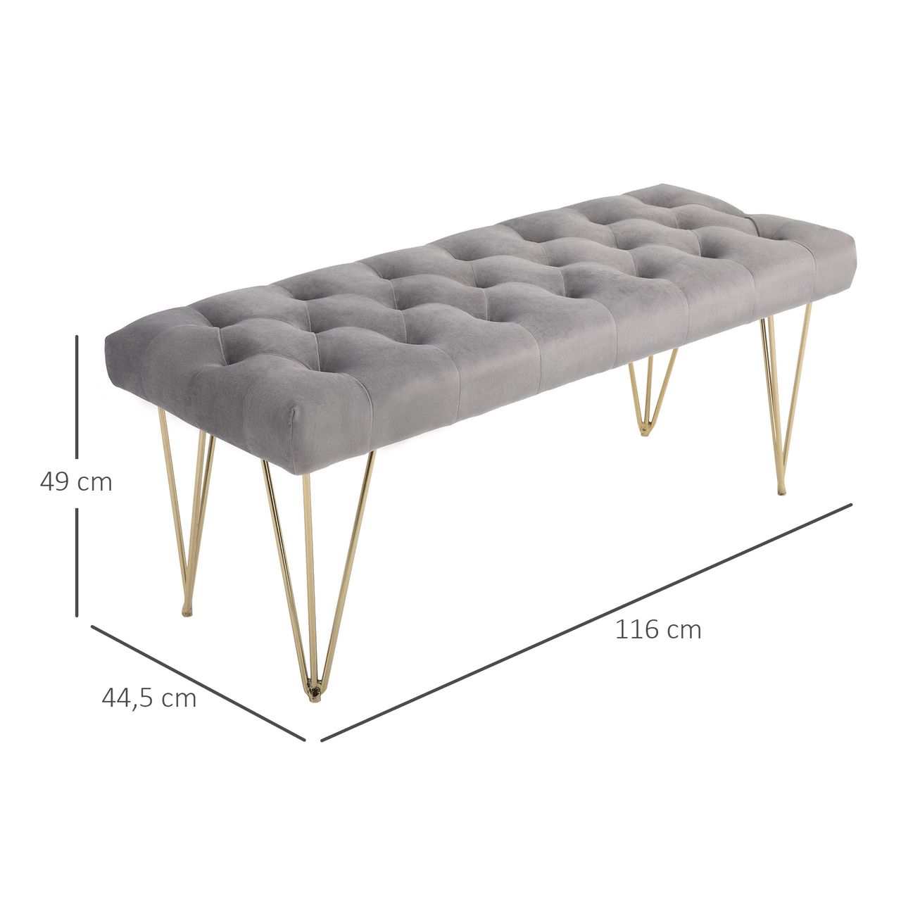 HOMCOM Sitzbank Polsterbank Pianobank Schuhbank mit Samtoptik Bettbank Klavierbank für Schlafzimmer, Wohnzimmer, Flur, Metall Grau 116 x 44,5 x 49 cm