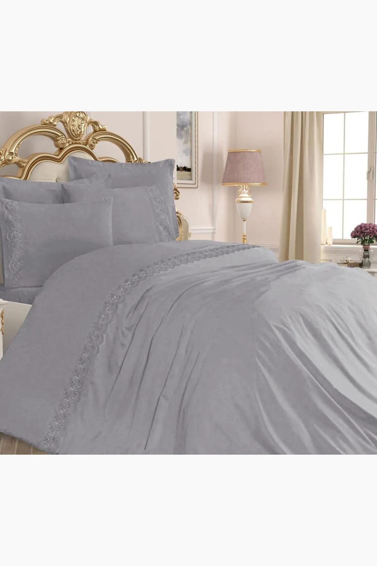 Çeyiz Diyarı  Lalezar Plain French Guipure Bettbezug-Set, Grau