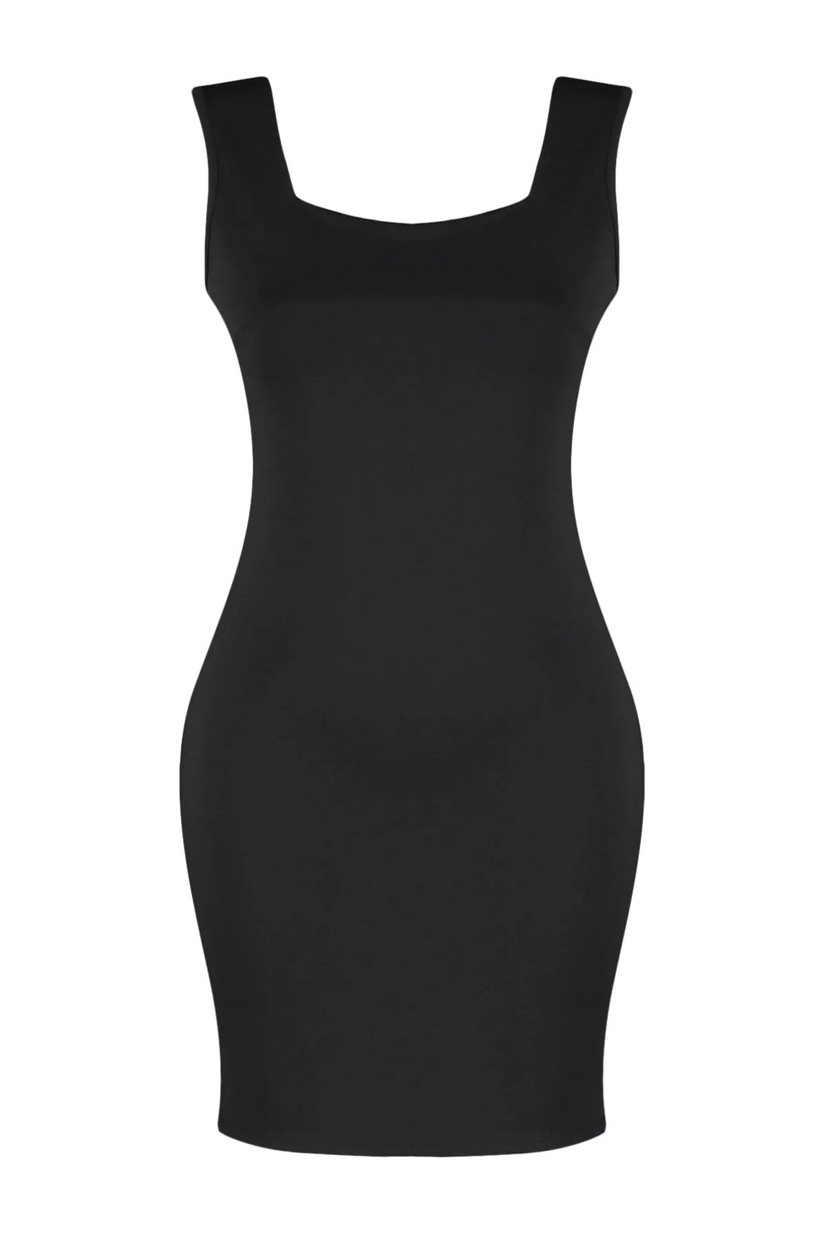 Trendyol Collection  Schwarzes, figurbetontes Mini-Interlock-Strickkleid mit quadratischem Kragen TWOSS23EL00798