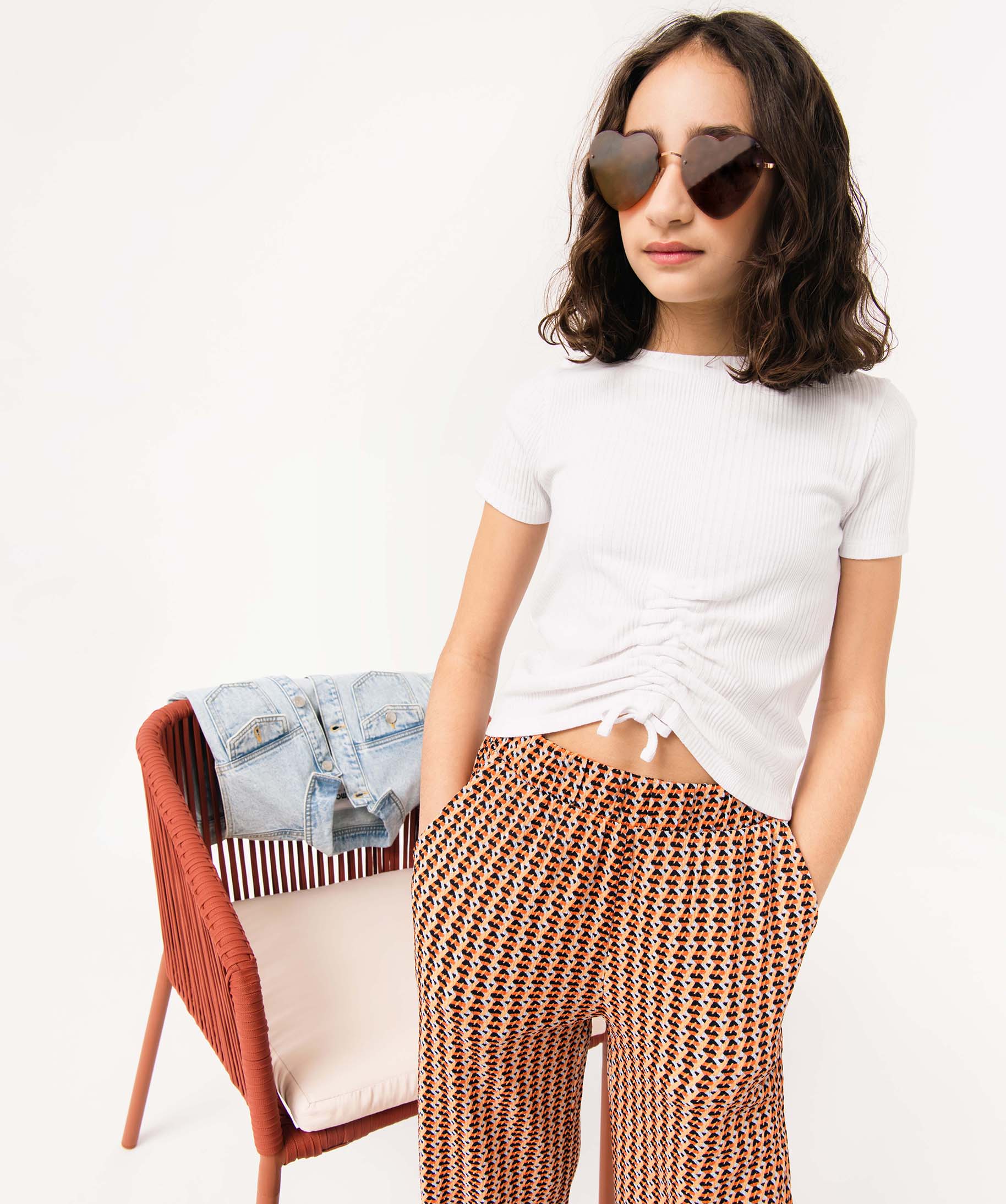 Tee-shirt fille en maille ctelée avec cordons coulissant ... blanc | GEMO