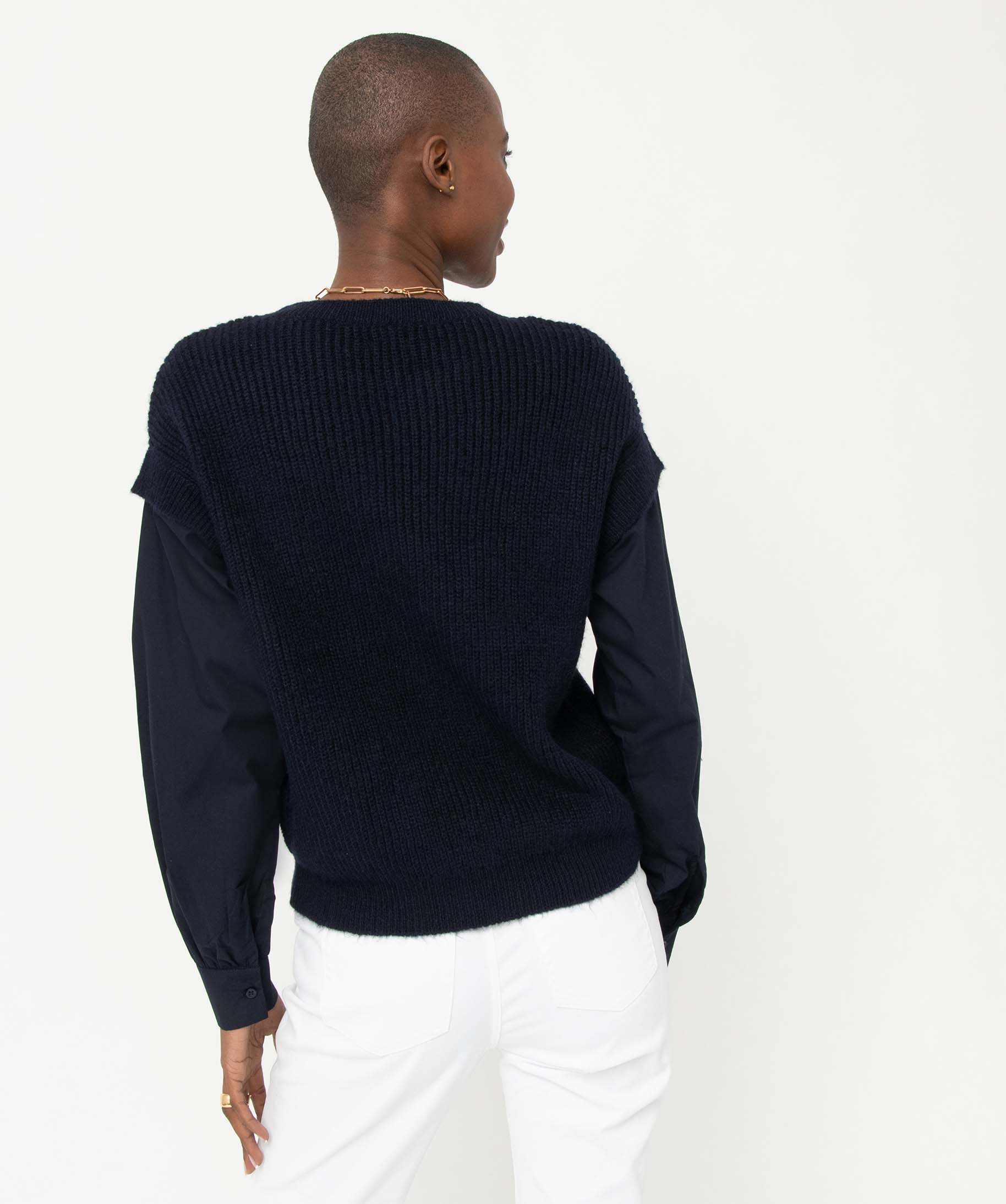Pull femme avec manches de chemise intégrées marine | GEMO