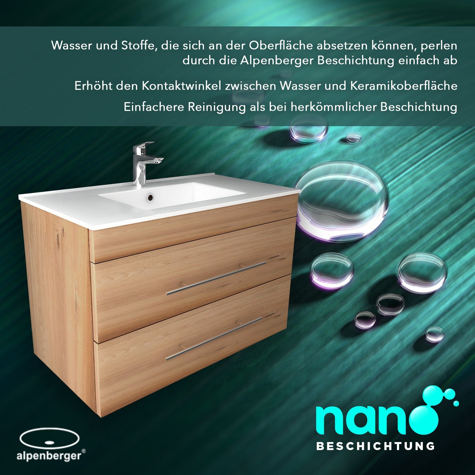 Alpenberger Badmöbel-Set Bad Unterschrank & Waschbecken Set – Waschtisch Gäste WC, (2-tlg., Badezimmermöbel Vormontiert mit Nano Becken), Waschbeckenunterschrank Breite 80 cm für Badezimmer in Bamboo