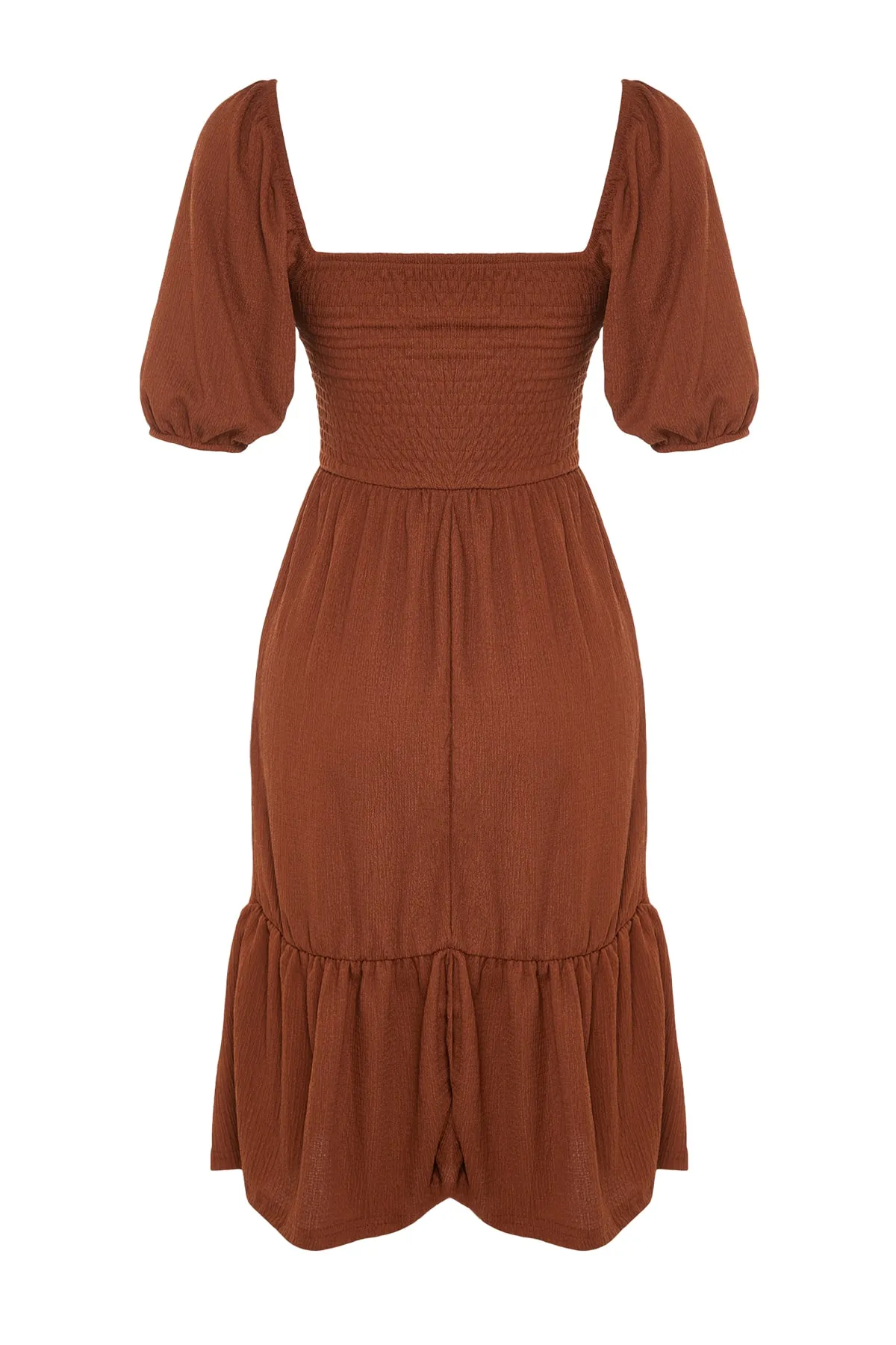 Trendyol Collection  Braunes Midi-Pullover-Strickkleid mit offener Taille/Skater-Strickkleid mit quadratischem Ausschnitt und Ballonärmeln TWOSS22EL1088