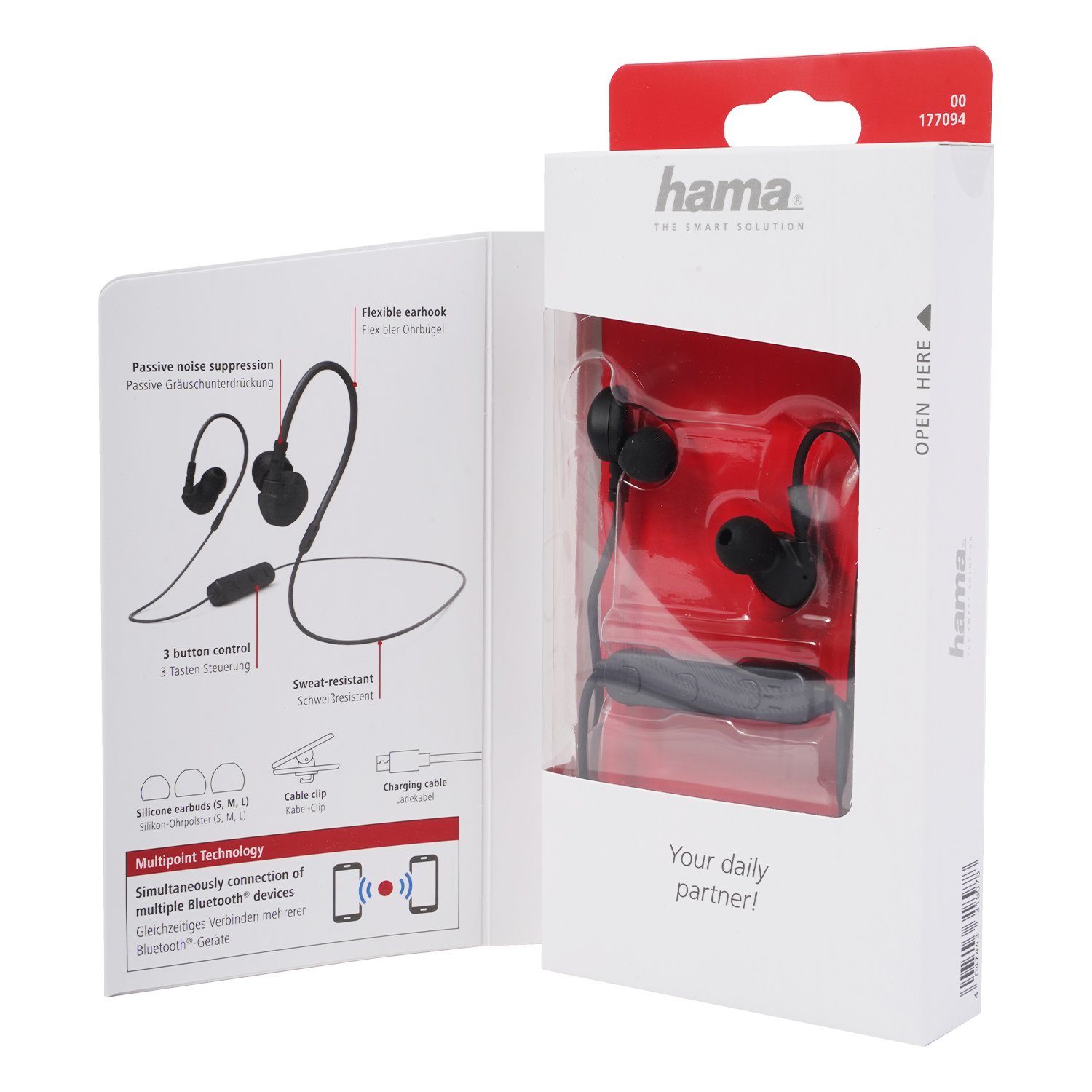 Hama Sport Run BT Kopfhörer Bluetooth Headset Black Smartphone-Headset (Anruffunktion, Bluetooth, Mikrofon, Wiedergabe-Steuerung, Bluetooth 5.0, Schweißfest, Anruf-Funktionen, Wiedergabe-Steuerung, mit Mikrofon)