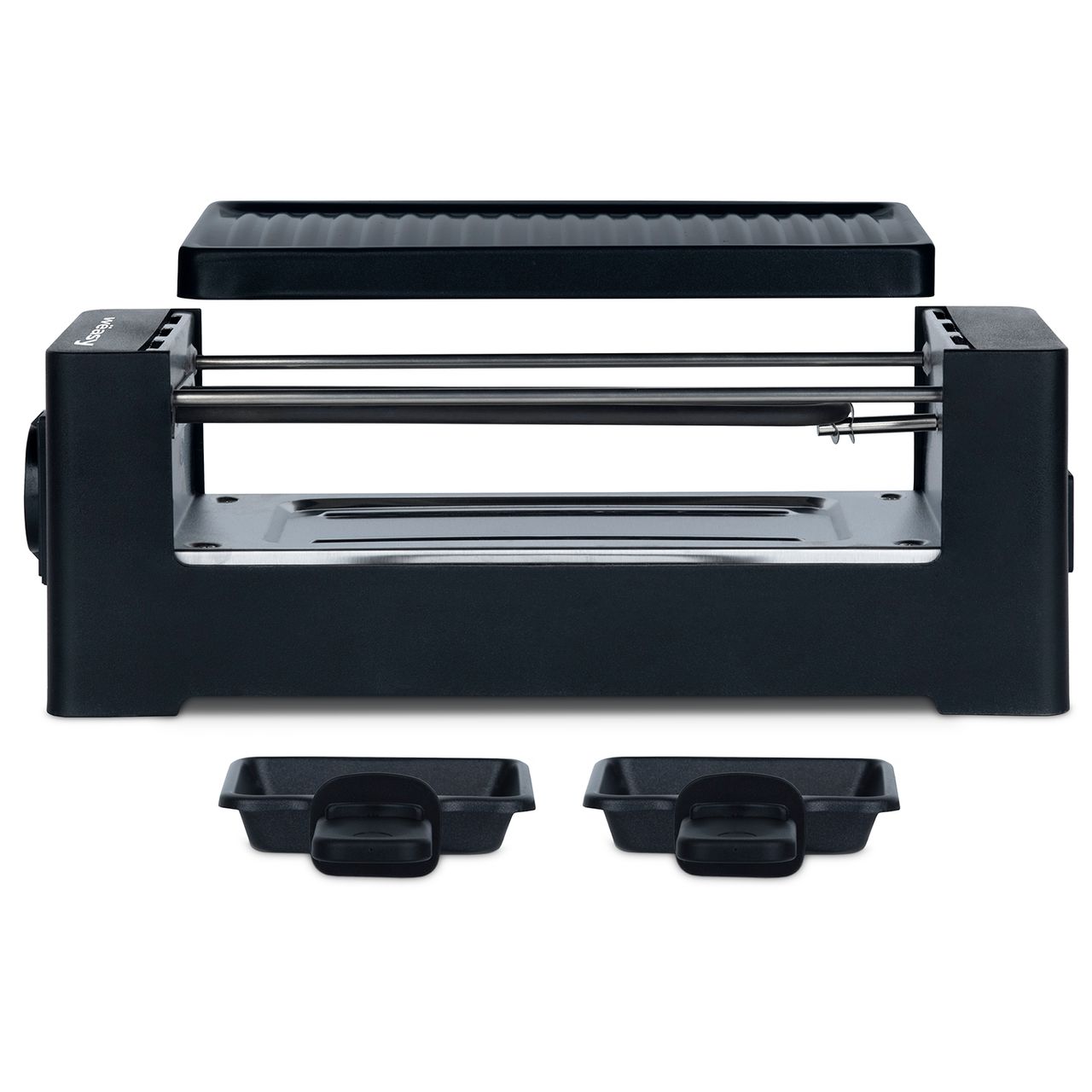 Weasy Wëasy Raclette TIK12 / 2 Personen / Raclette und Grill / Antihaftbeschichtung / verbindbar mit TAK12 und bis zu 4 Geräten / 2 Pfannen und 2 Holzspatel / 400 W / schwarz
