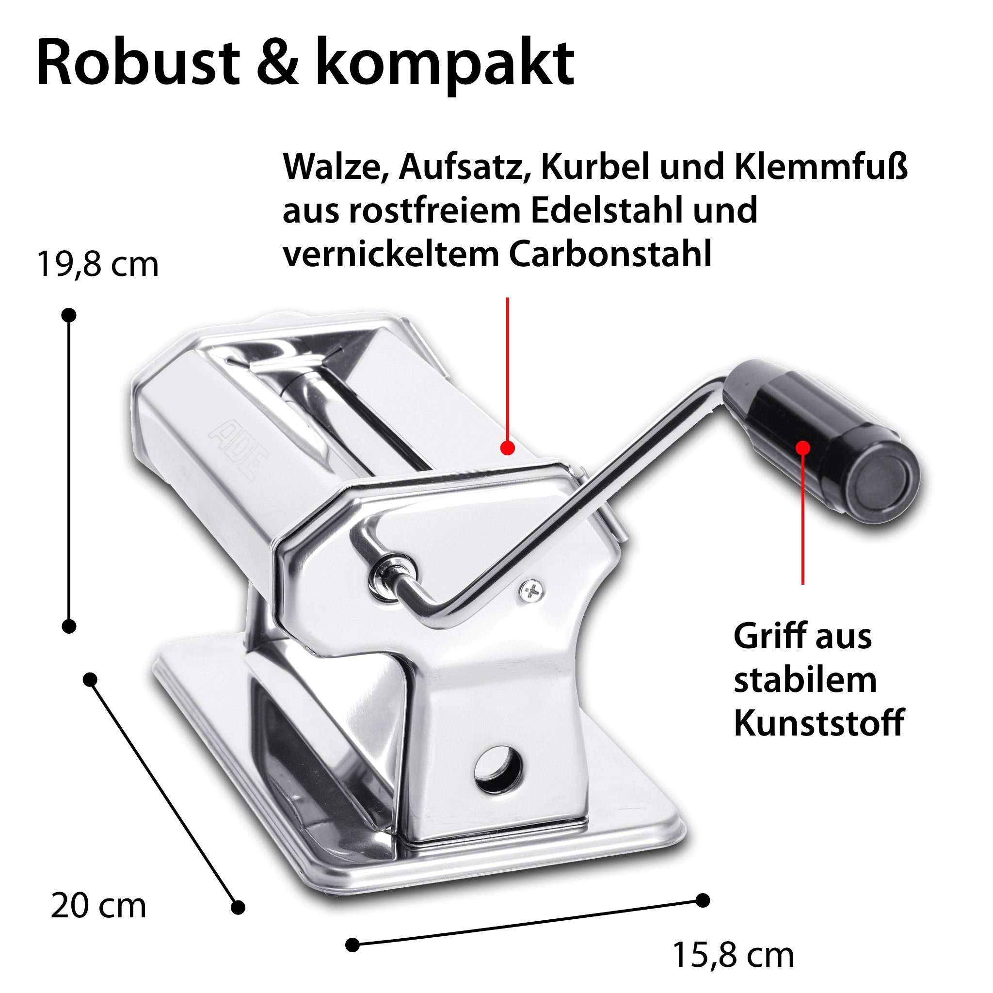 ADE Nudelmaschine Edelstahl, manuelle Pastamaschine, Pastamaker zur Herstellung von Lasagneplatten, Spaghetti, Fettuccine