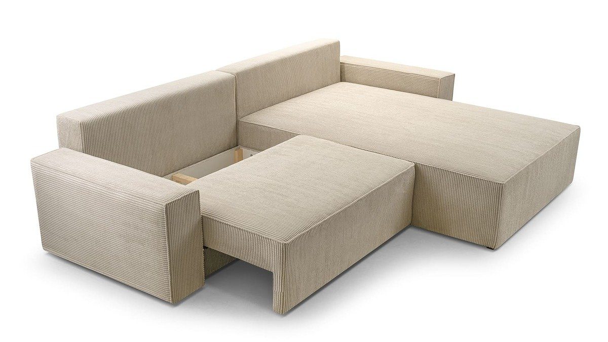 MOEBLO Ecksofa DENVER, Ottomane beidseitig montierbar Couch Cord für Wohnzimmer Schlafsofa Sofagarnitur Sofa Eckcouch L-Form Cordstoff - 297x85x185cm, mit Schlaffunktion und Bettkasten