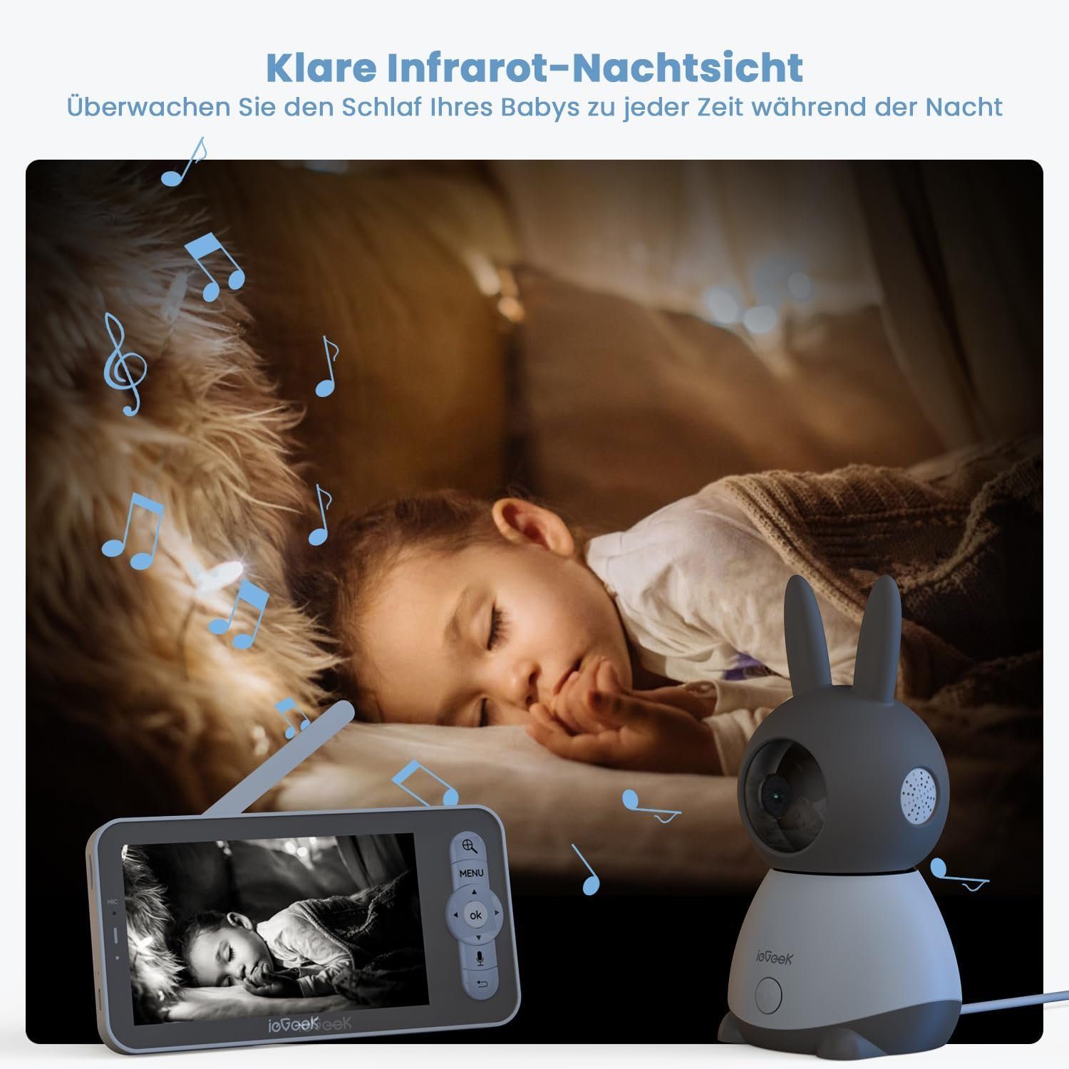 ieGeek Video-Babyphone Kinderkamera, Baby Kamera, Babyphone, Bewegungserkennung, Eco-Mode, Nachtsicht,300m Reichweite,Strahlungsarm, Audio-Überwachung, Mikrofon, Babykamera mit Monitor, Video Kamera, Halterung, Babyphone mit Kamera, Camera babys, Geg