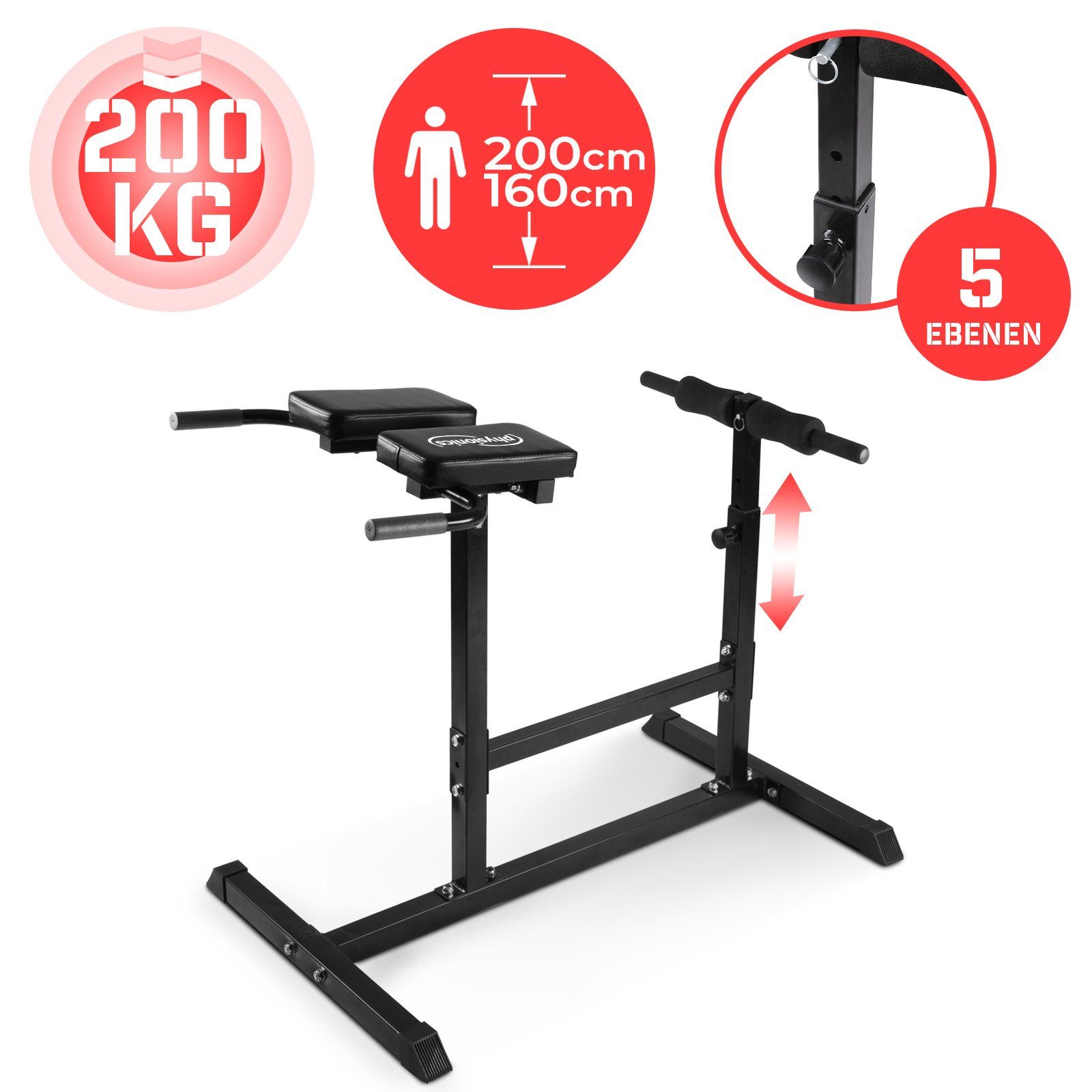 Physionics Rückentrainer Hyperextension Rückentrainer - 5-stufig höhenverstellbar, 200 kg
