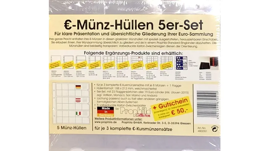 PROPHILA 5 Münzhüllen für 3 komplette €-Kursmünzensätze