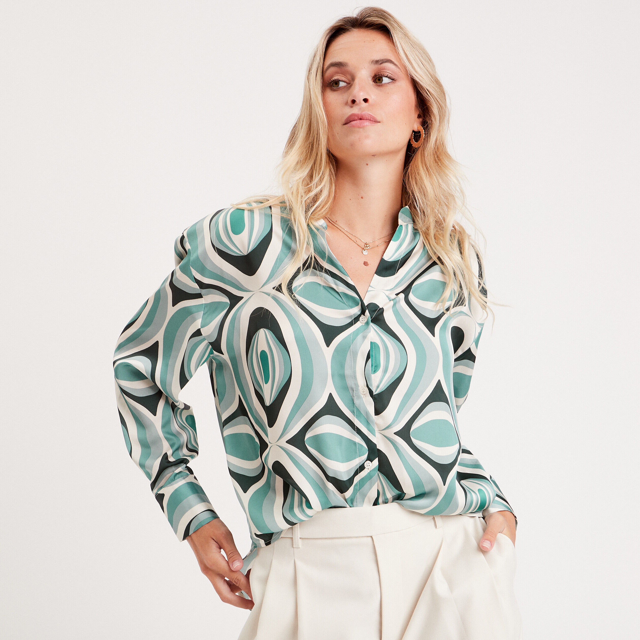 Chemise manches longues vert femme | Cache Cache
