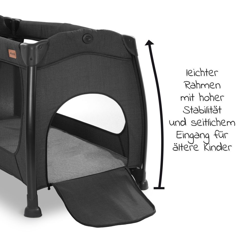 Hauck Baby-Reisebett Play'n Relax Center - Melange Black, 7-tlg., Kinderreisebett mit Matratze, Insektenschutz, Wickelauflage, Einhang