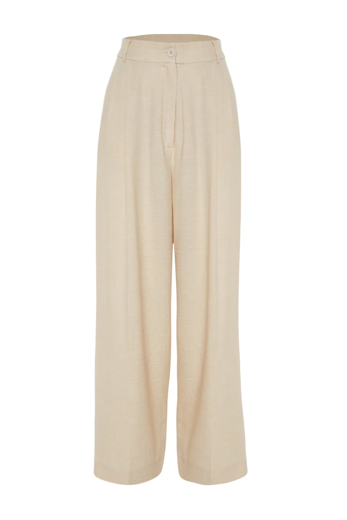 Trendyol Modest  X Kevser Sarıoğlu Beige gewebte Hose mit hoher Taille und weitem Bein TCLSS23TP00006