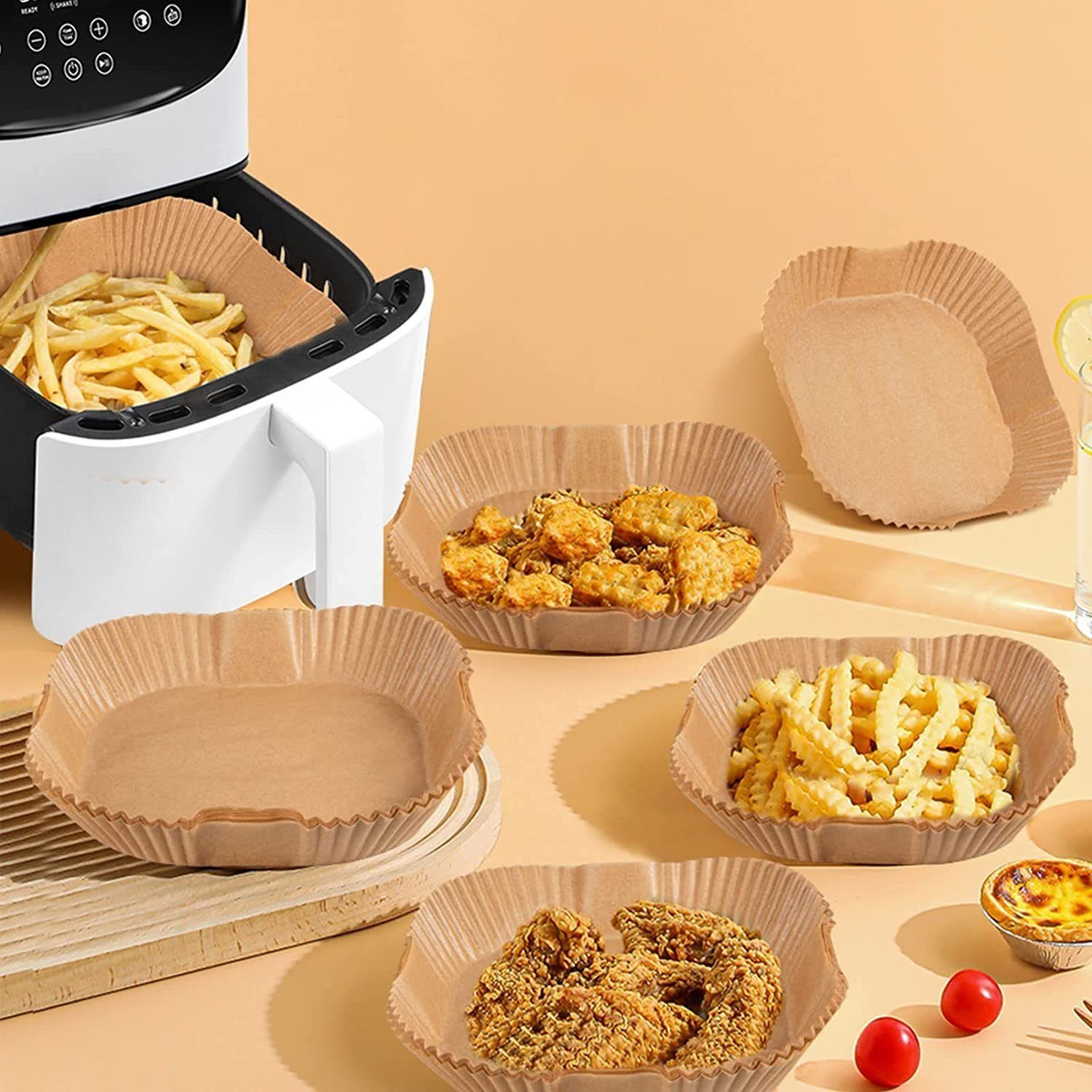SOTOR Backpapier 200 Stück Backpapier für Heißluftfritteuse, quadratisches Backpapier, Nicht klebend, Einweg, ölbeständig Backpapier Airfryer, 16.5cm/20cm