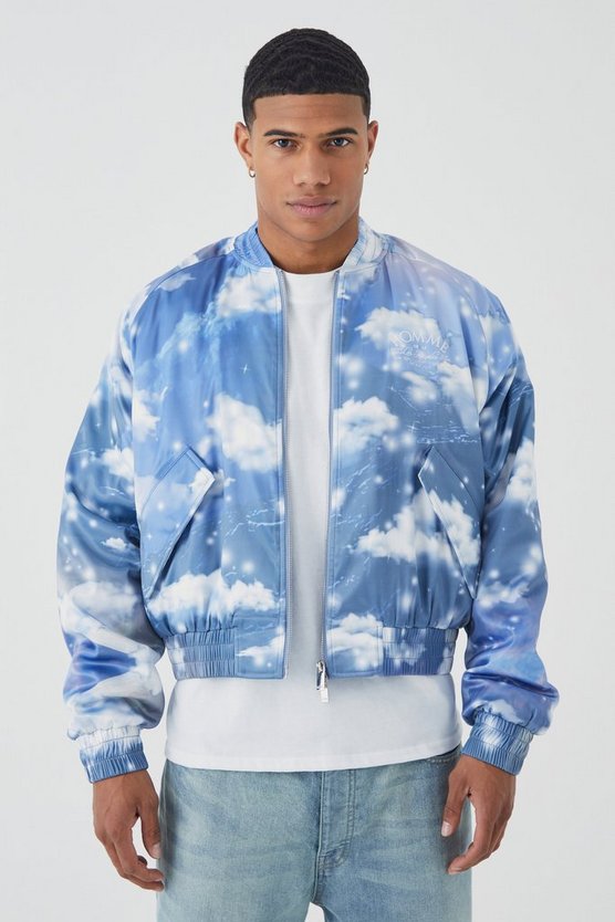Kastige Satin-Bomberjacke mit Wolken-Print und Stickerei