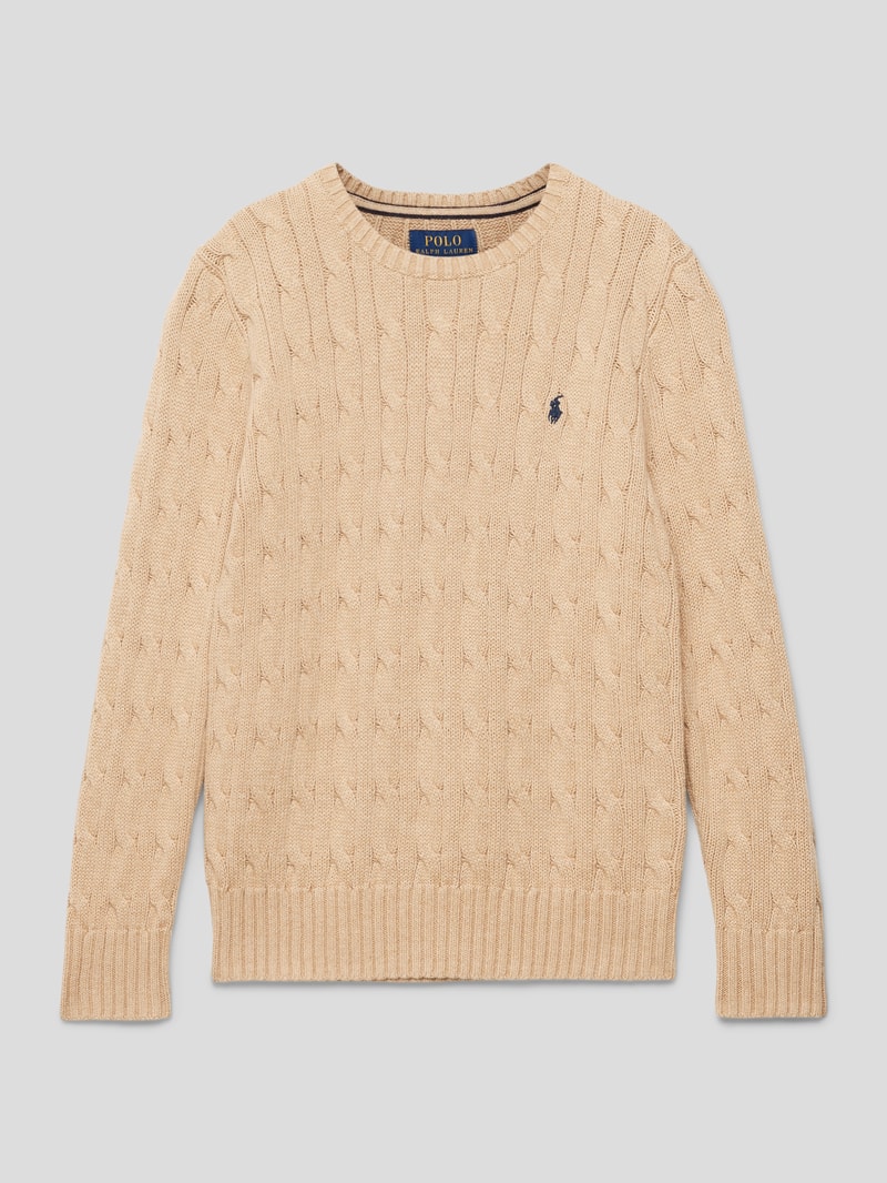 Strickpullover mit Zopfmuster und Logo-Stitching in camel meliert