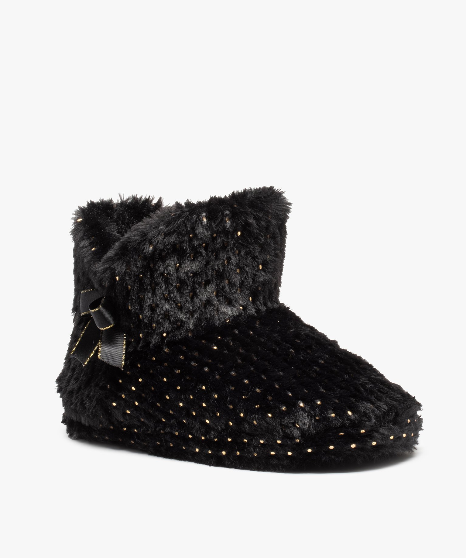 Chaussons femme boots en textile peluche à pois noir | GEMO