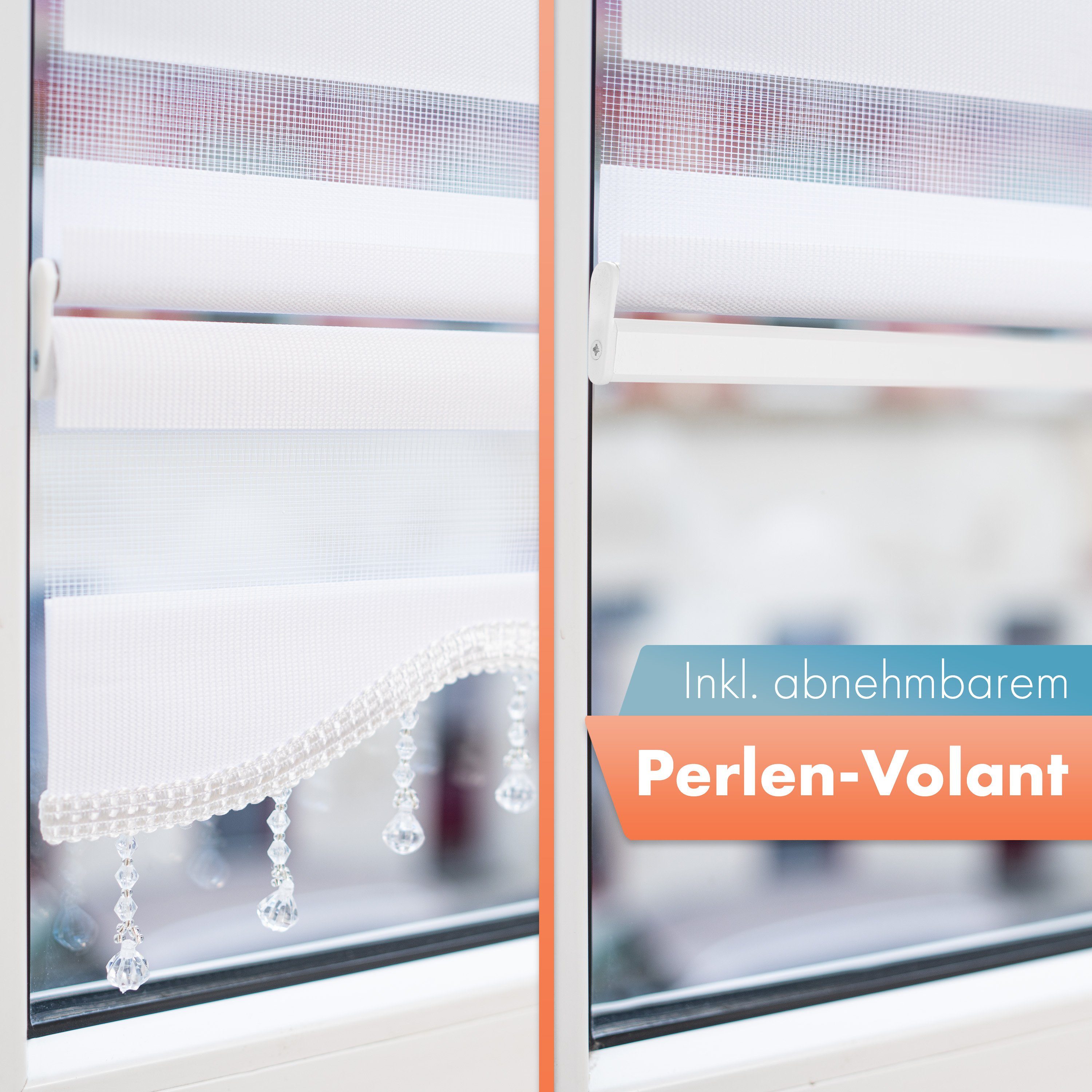 Doppelrollo mit Perlen, Rollos für Fenster ohne Bohren, Weiß, Bailena, Lichtschutz, ohne Bohren, freihängend, Klemmfix, Gardine mit Volant, Seitenzugrollo verdunkelnd
