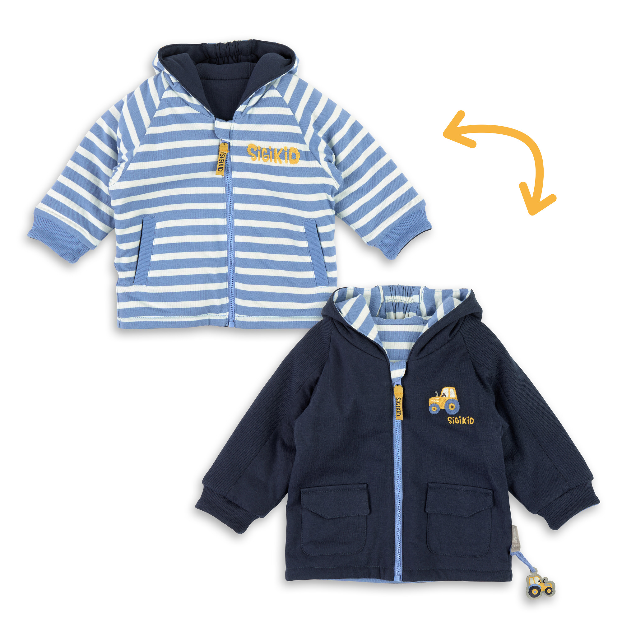 Wattierte Baby Wendejacke Traktor, dunkelblau und blau-w