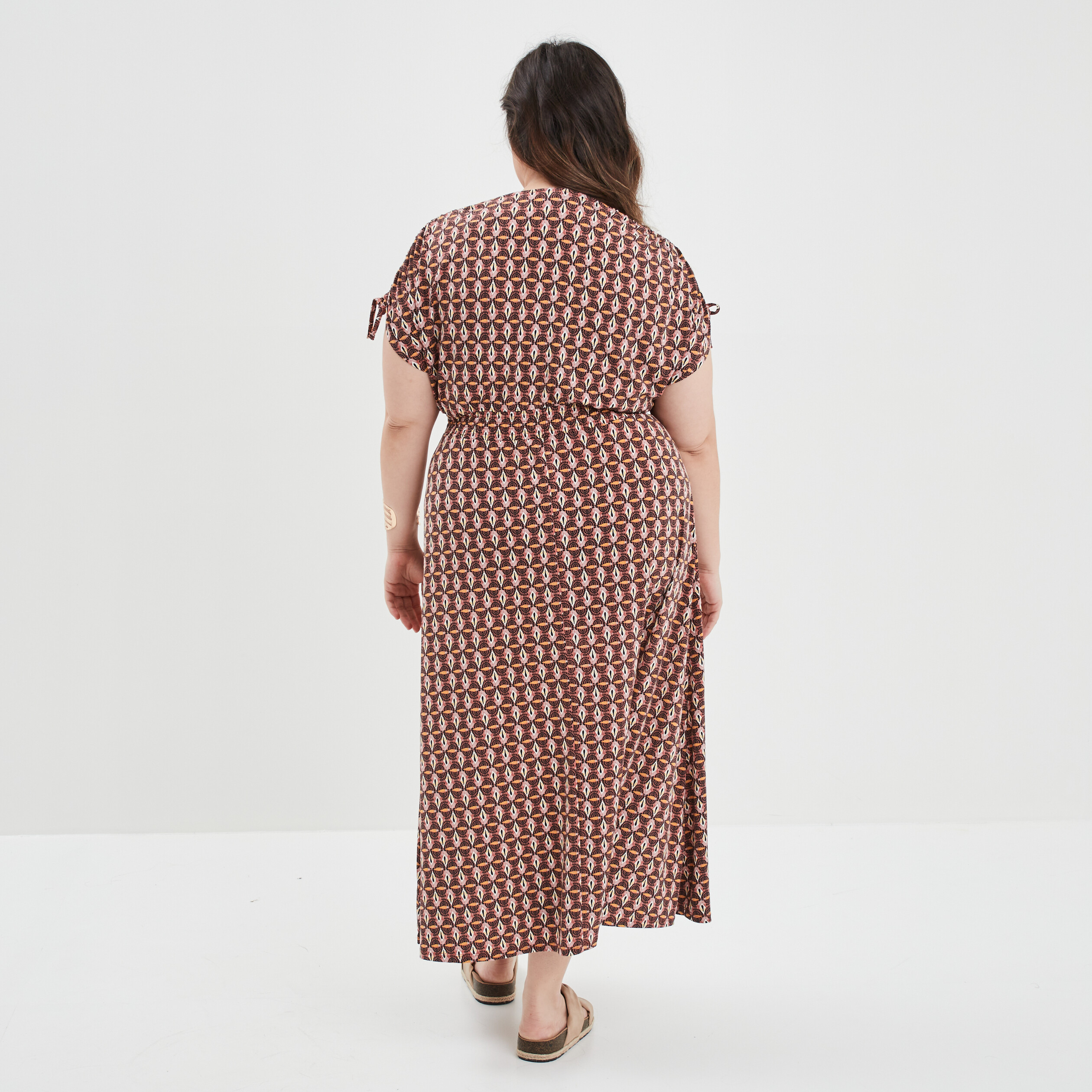 Robe longue smockée col cache-coeur vieux rose femme grande taille | La Halle