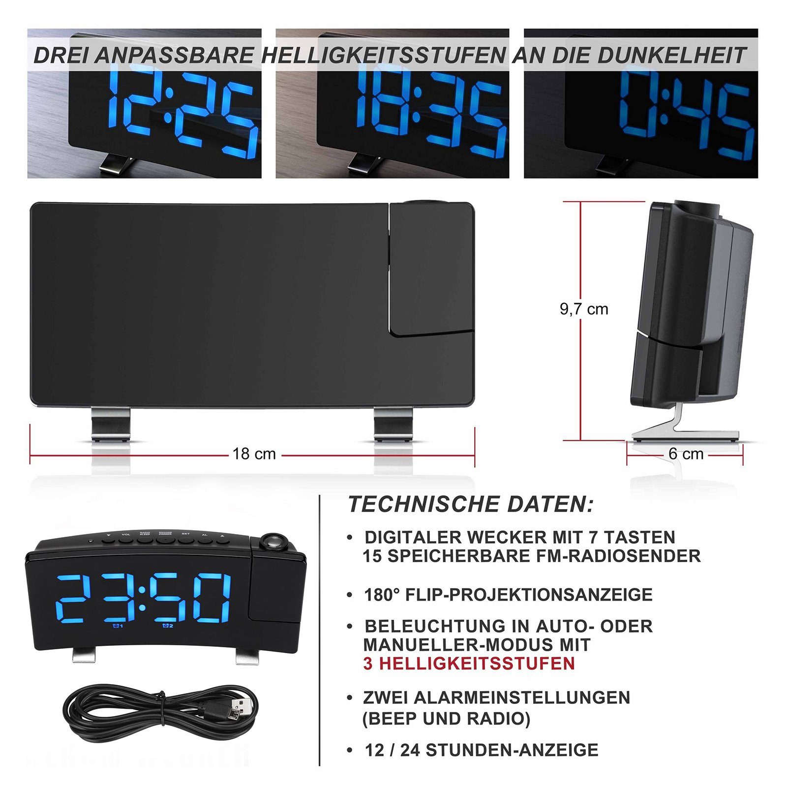 REDOM Projektionswecker Digital Wecker Radiowecker Digitalwecker Projektion LED Alarm Radio ohne Akku Projektion 180 ° LED-Alarm Temperatur 12/24H USB-Anschluss