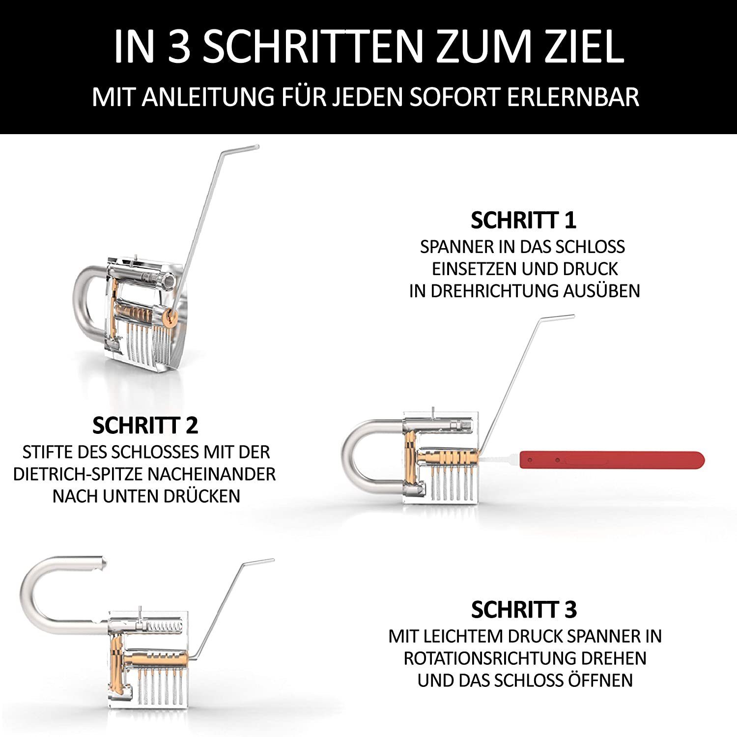 Meistergut Vorhängeschloss Lockpicking Set XXL Profi 24-teilig, 3 Schlösser & Anleitung, (22-tlg., 30 Teiliges Set), Schlüssel entsperren