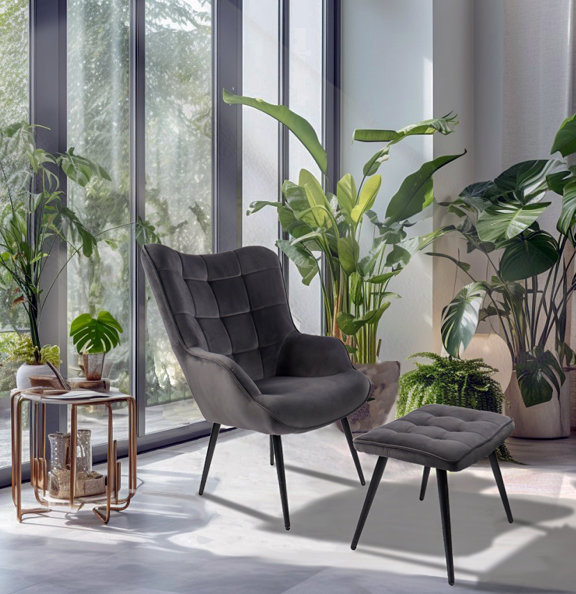 HC Home & Living Hochlehnsessel Ella mit Hocker, anthrazit