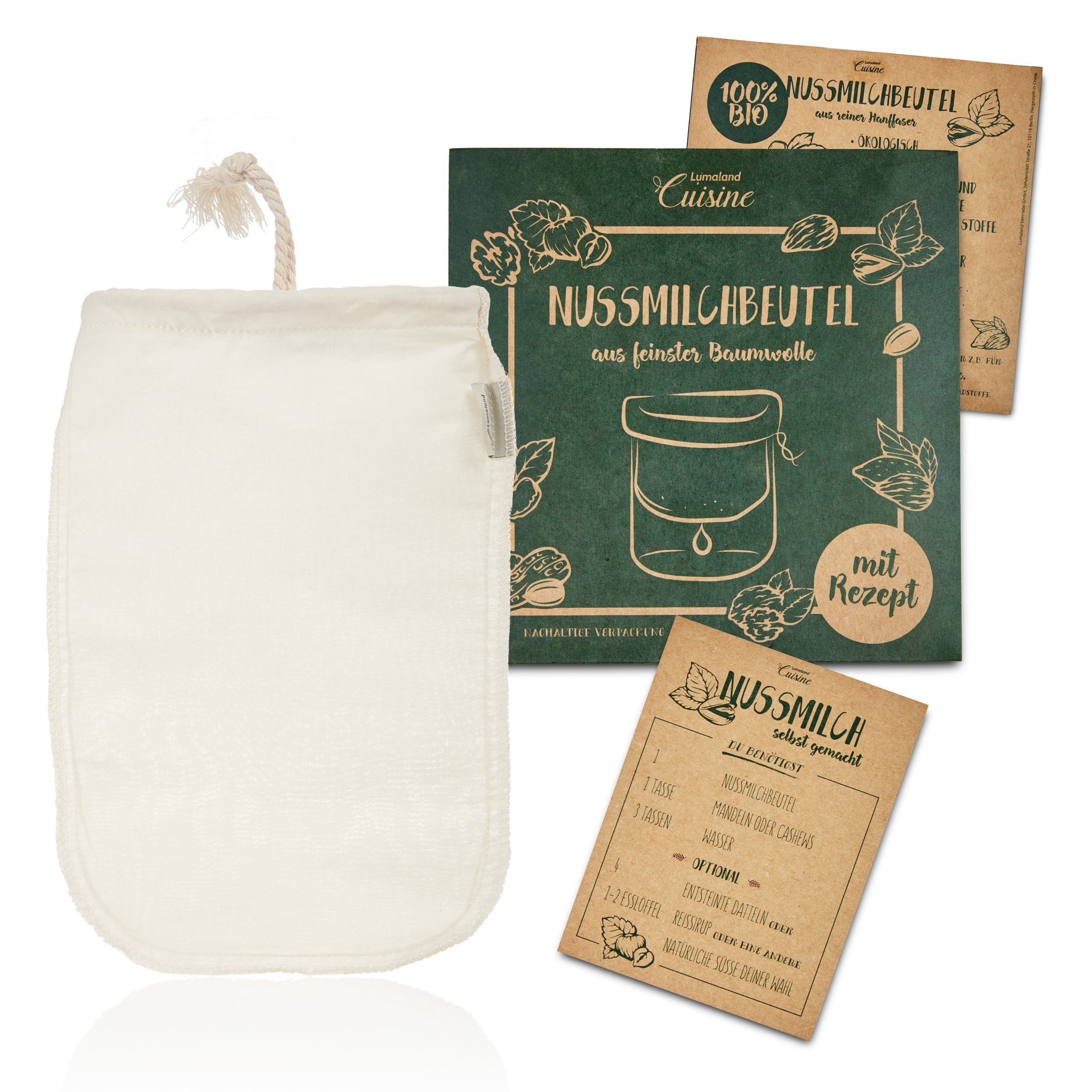 Lumaland Passiersieb, Hanf Faser, (Nussmilchbeutel + Mandelmilch Rezept, 1-St., Nussmilchbeutel + Mandelmilch Rezept), aus reinen Hanf Fasern für vegane Nussmilchherstellung