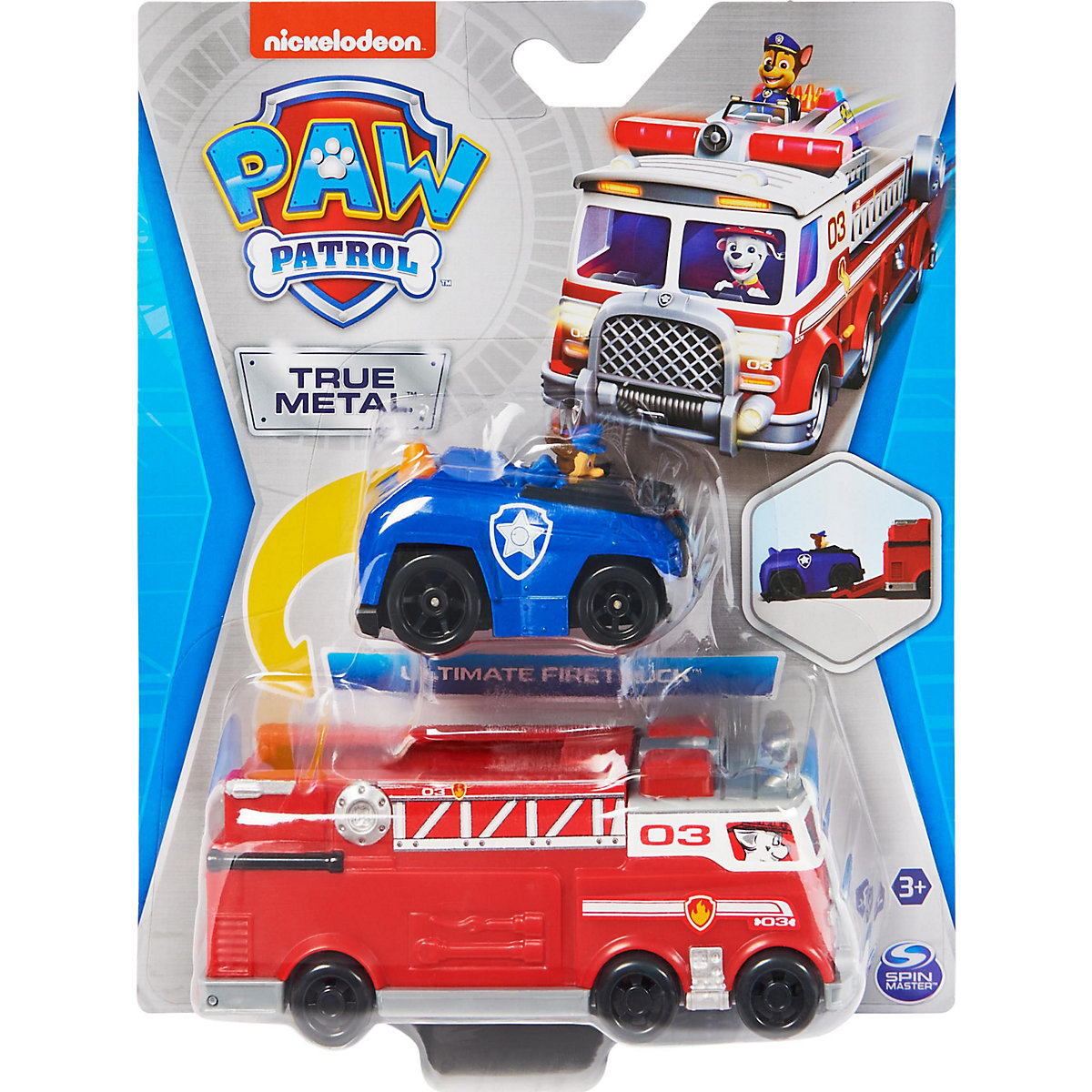 Paw Patrol True Metal Team Fahrzeuge 2er Set mit Feuerwehrwagen und Chase im Polizeiauto, Maßstab 1:55, Spielzeug für Kinder ab 3 Jahren