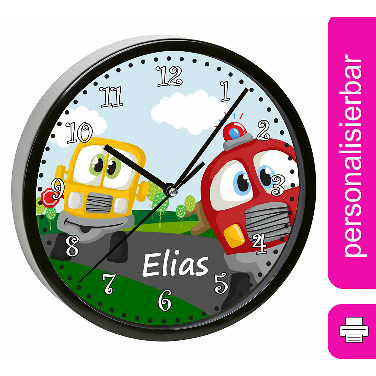 Kinder Wanduhr laufruhig personalisiert mit Name Auto-Cartoon
