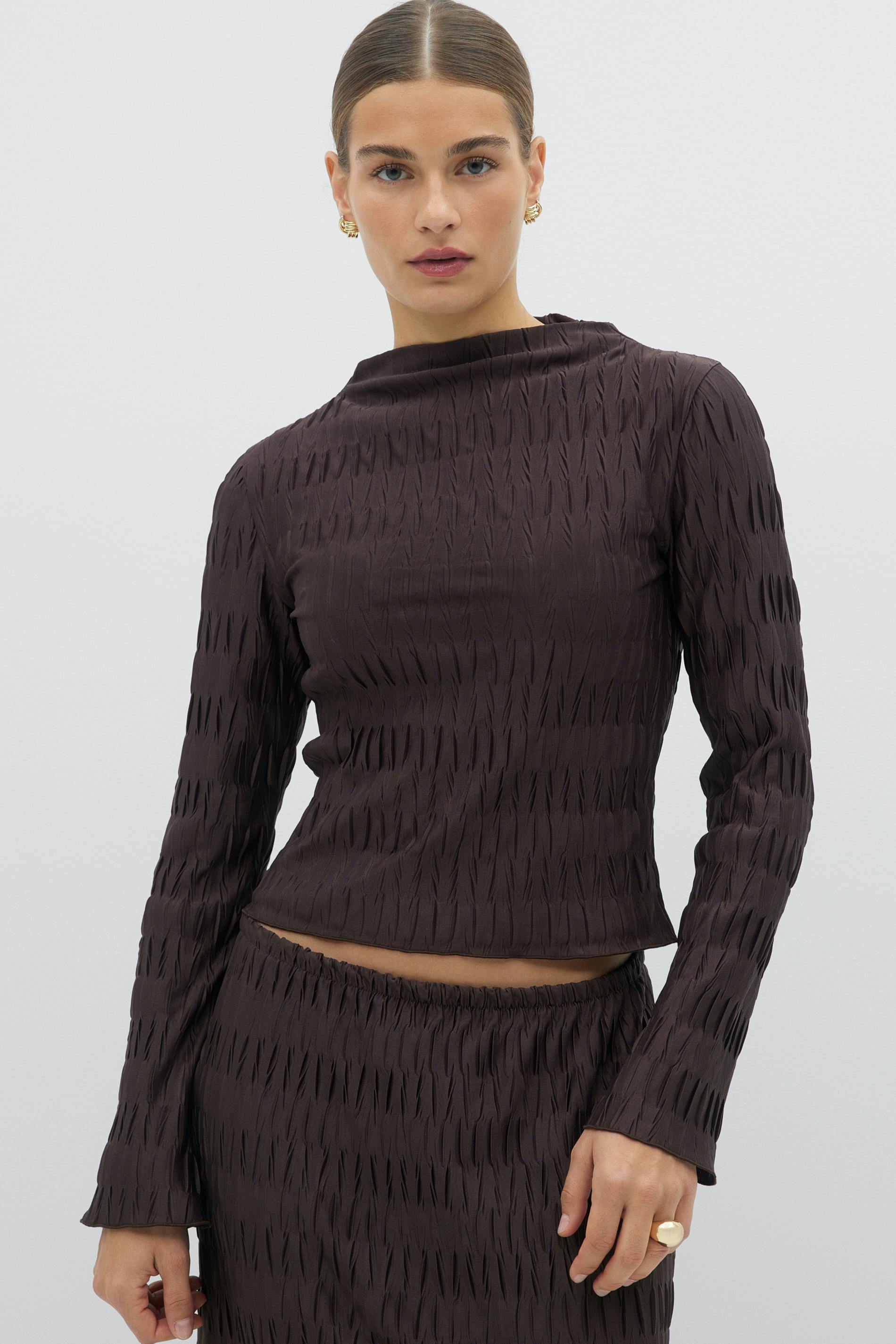 Pleated funnel neck top