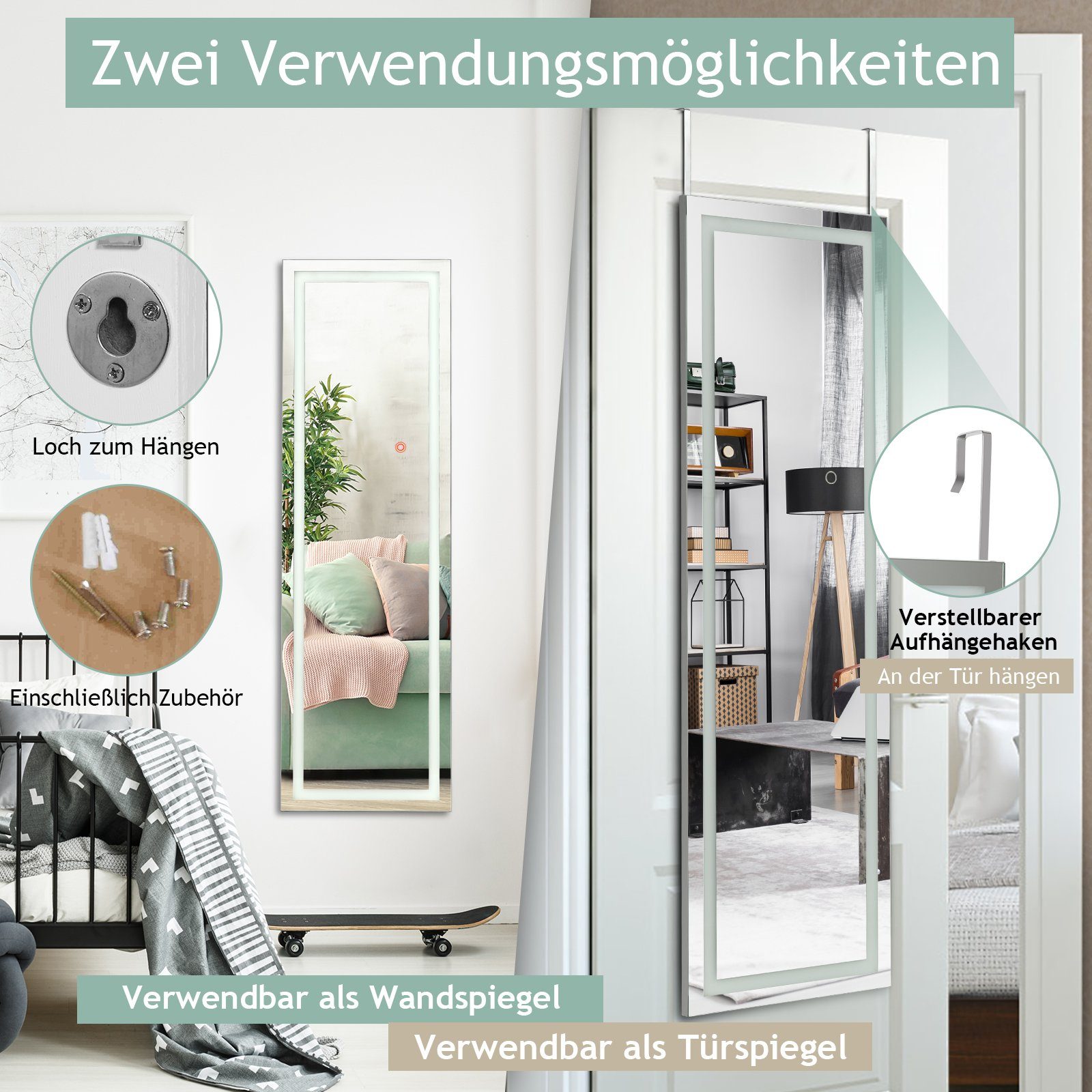 COSTWAY Wandspiegel, mit Beleuchtung in 3 Farben&Touchscreen, Ganzkörper