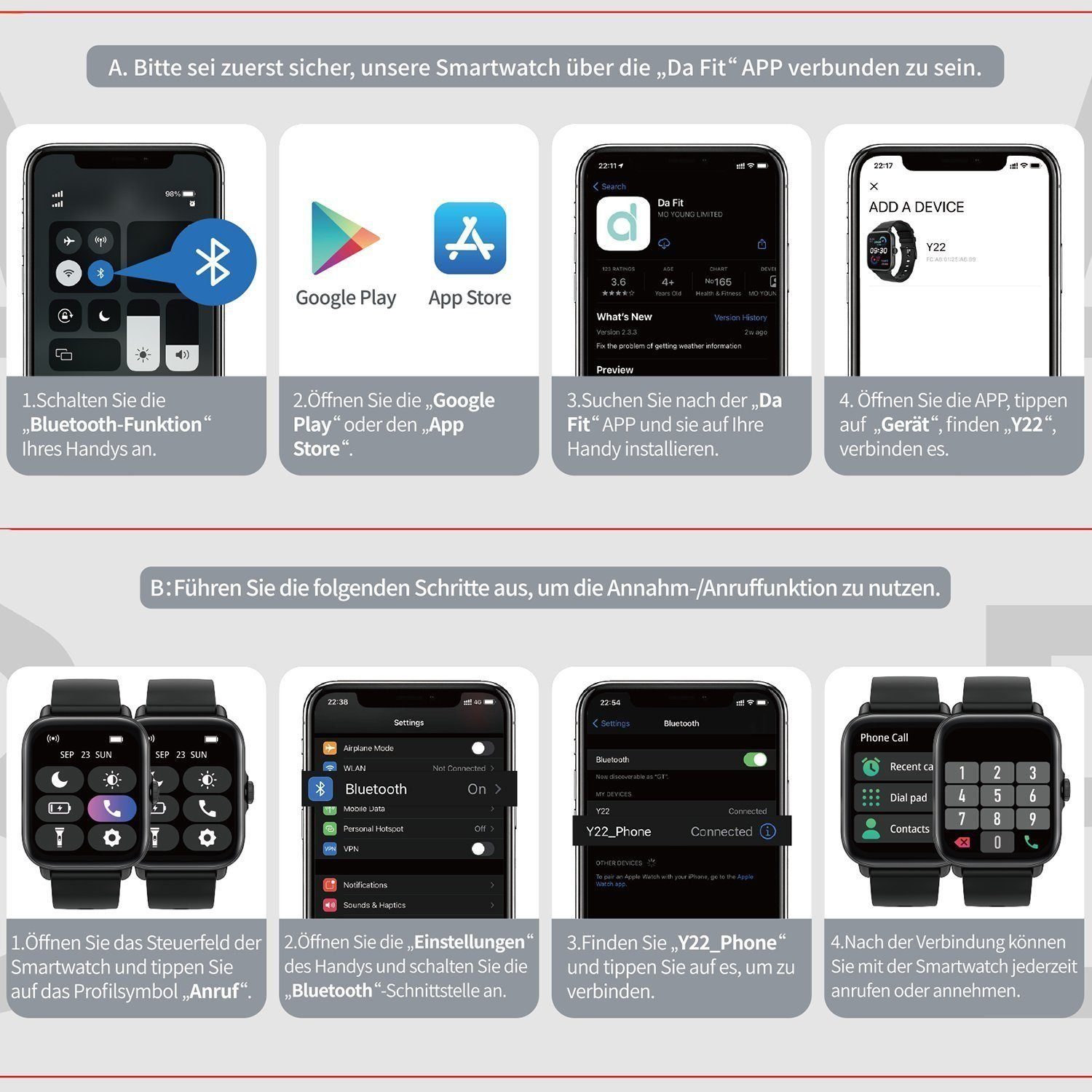 Mutoy Smartwatch, Damen Herren Smartwatch, Fitness Tracker Uhr Smartwatch (Fitnessuhr mit Telefonfunktion,Smartwatch Fitness Tracker Uhr IP67 Wasserdicht,1.7