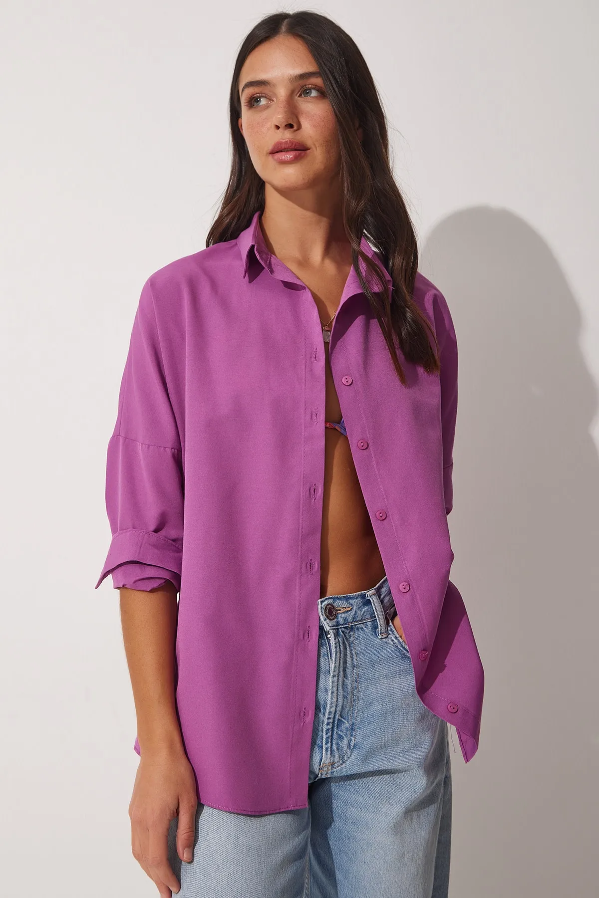 Happiness İstanbul  Damen Mittelflieder Oversize Langes Basic Shirt DD00842